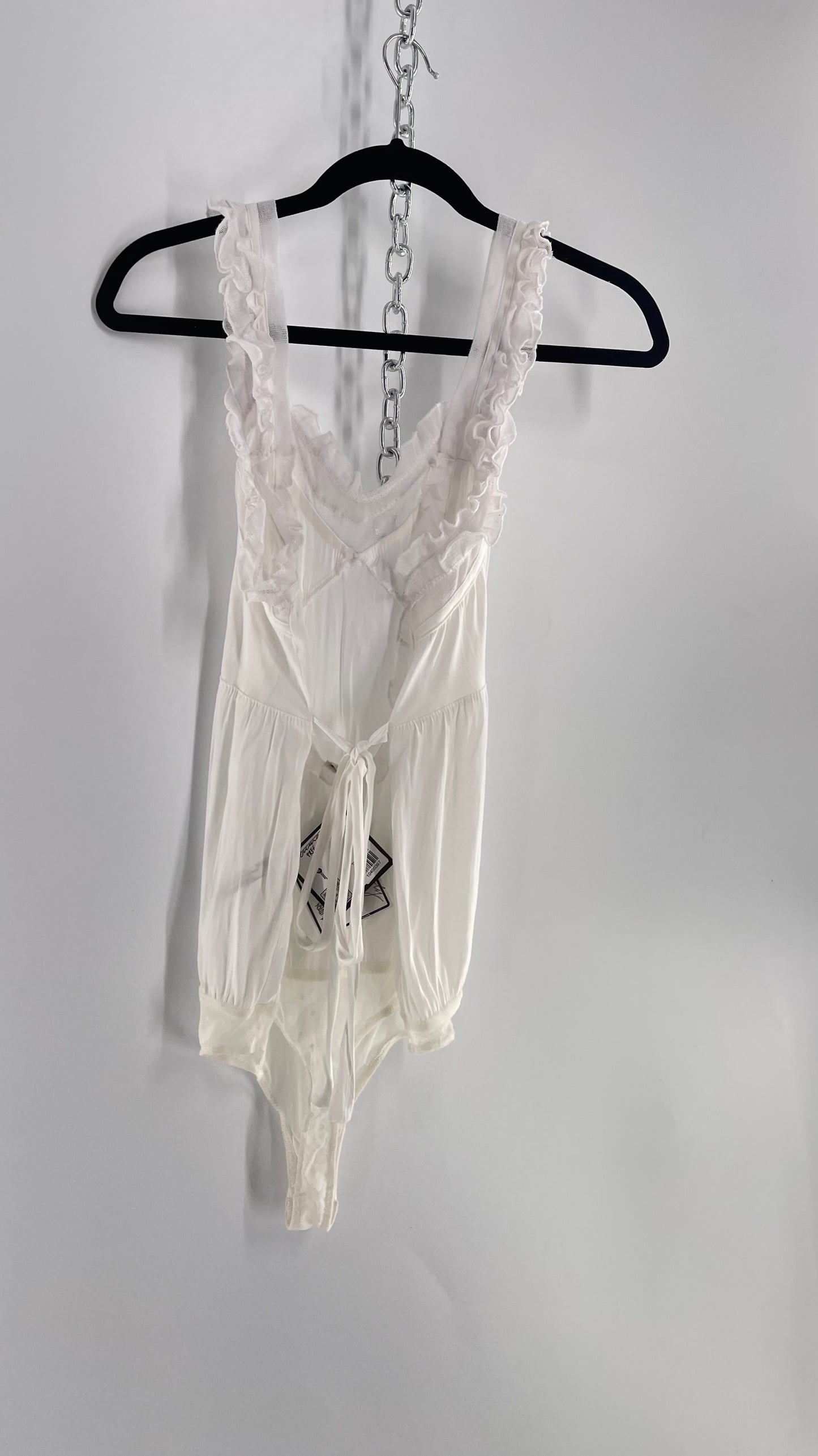 Free People White Silky Soft Bodysuit with Ruffled Bust-line and Straps (M)