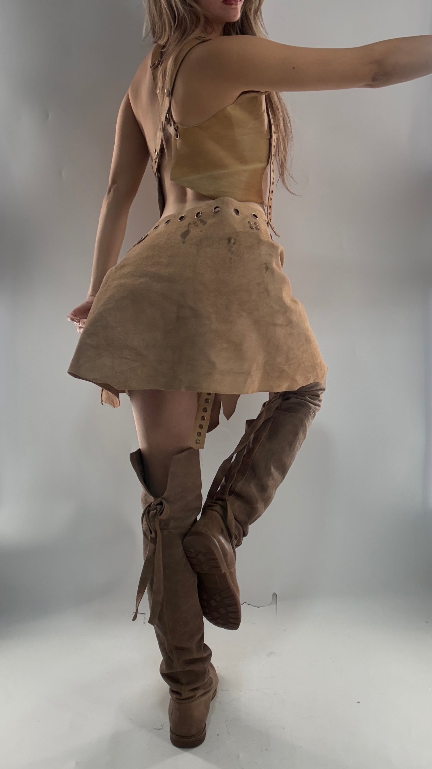 CUSTOM Handmade Rugged and Reversible Distressed Leather Two Piece Set with Grommet Waistband (XS-XL)