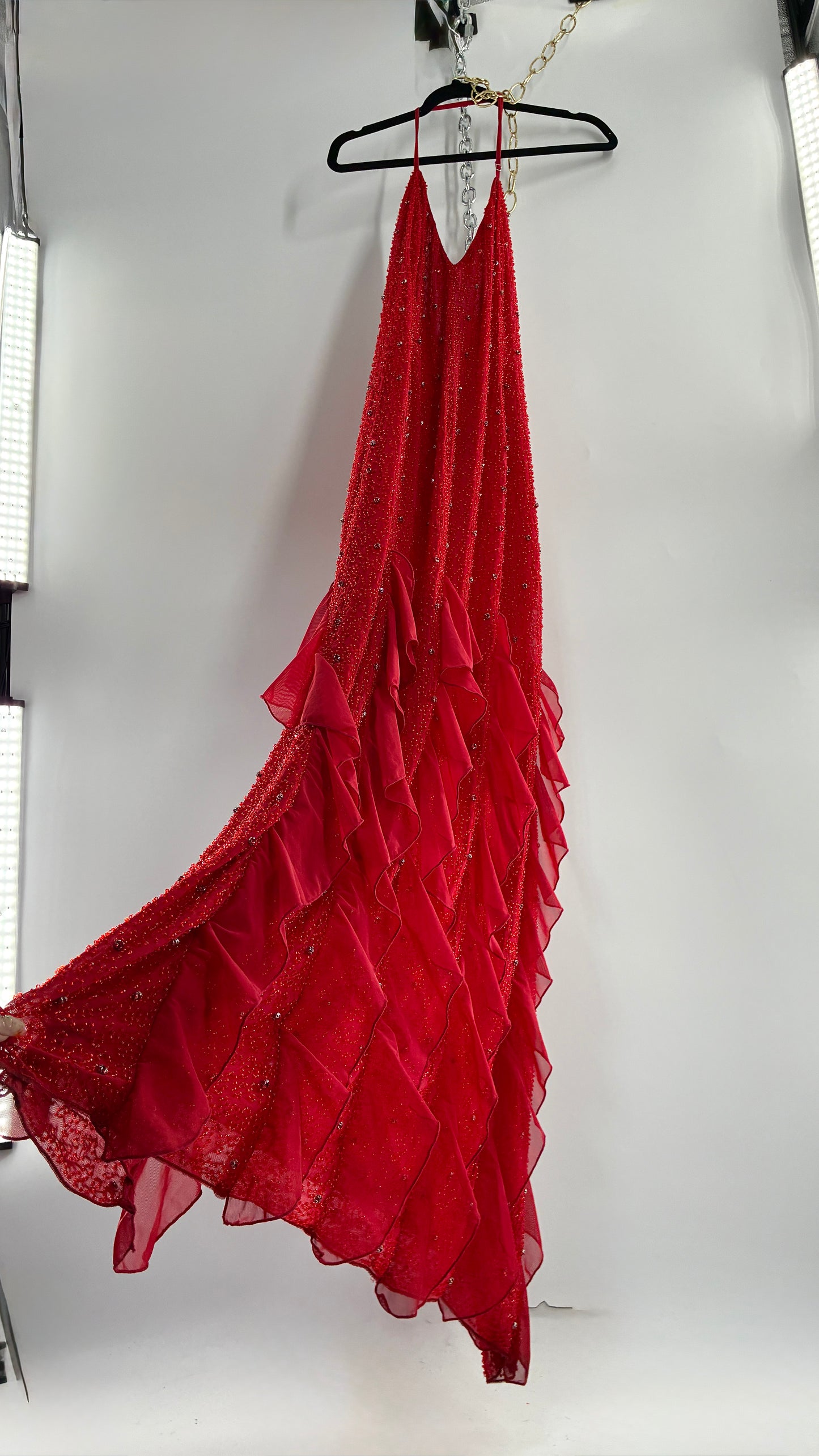 OH POLLY Red Beaded Gown with Ruffled Detailing NWOT (14)