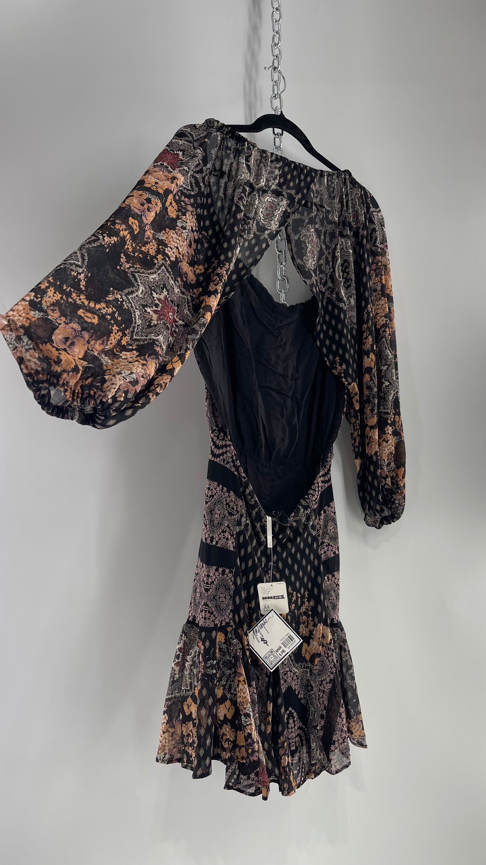 Free People Black Patterned Balloon Sleeve Backless Mini Dress with Tags Attached (XS) Free People Black Patterned Balloon Sleeve Backless Mini Dress with Tags Attached (XS)