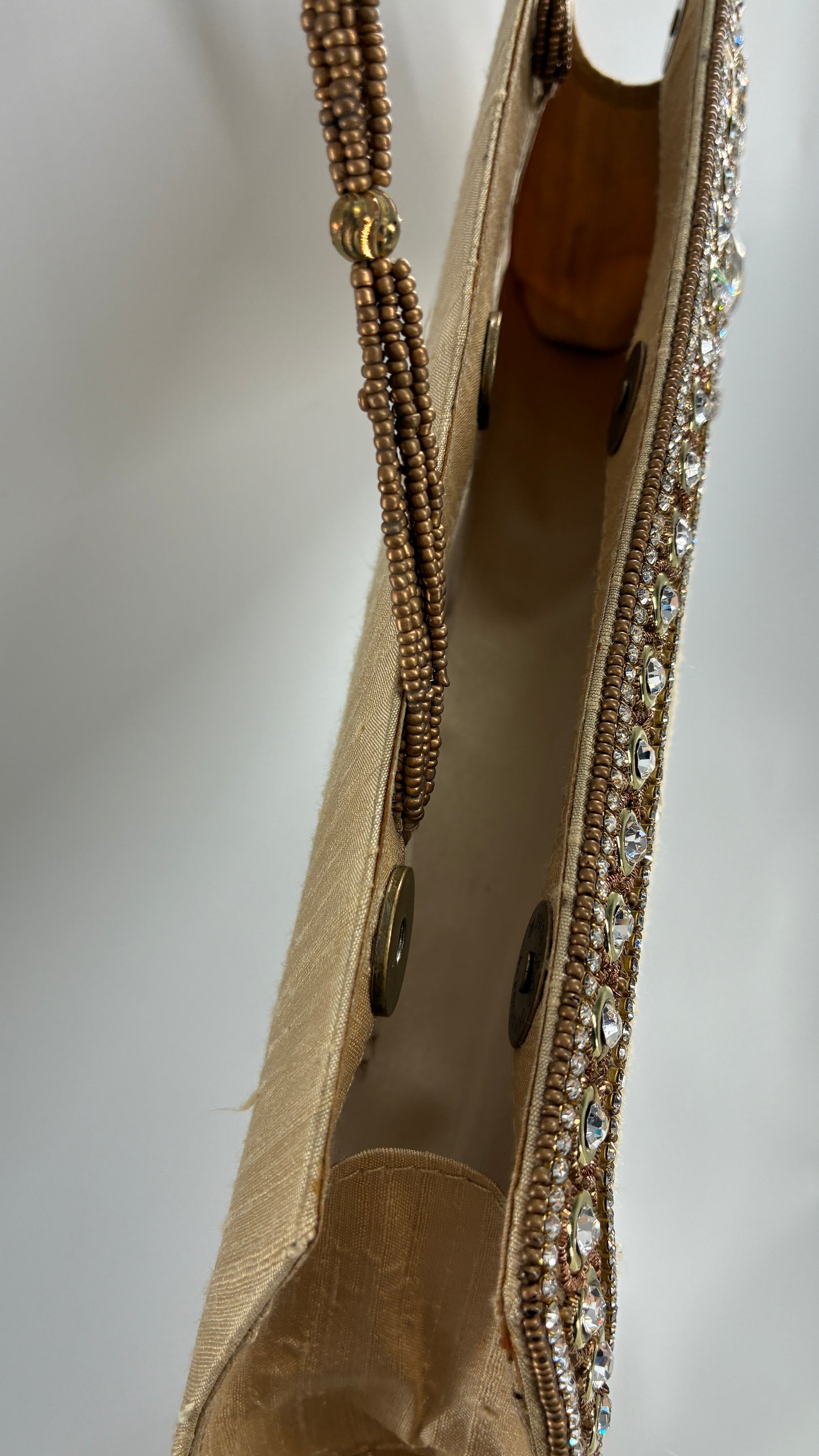 Vintage 1990s Asymmetric Gold Purse with Beading and Rhinestone Detailing