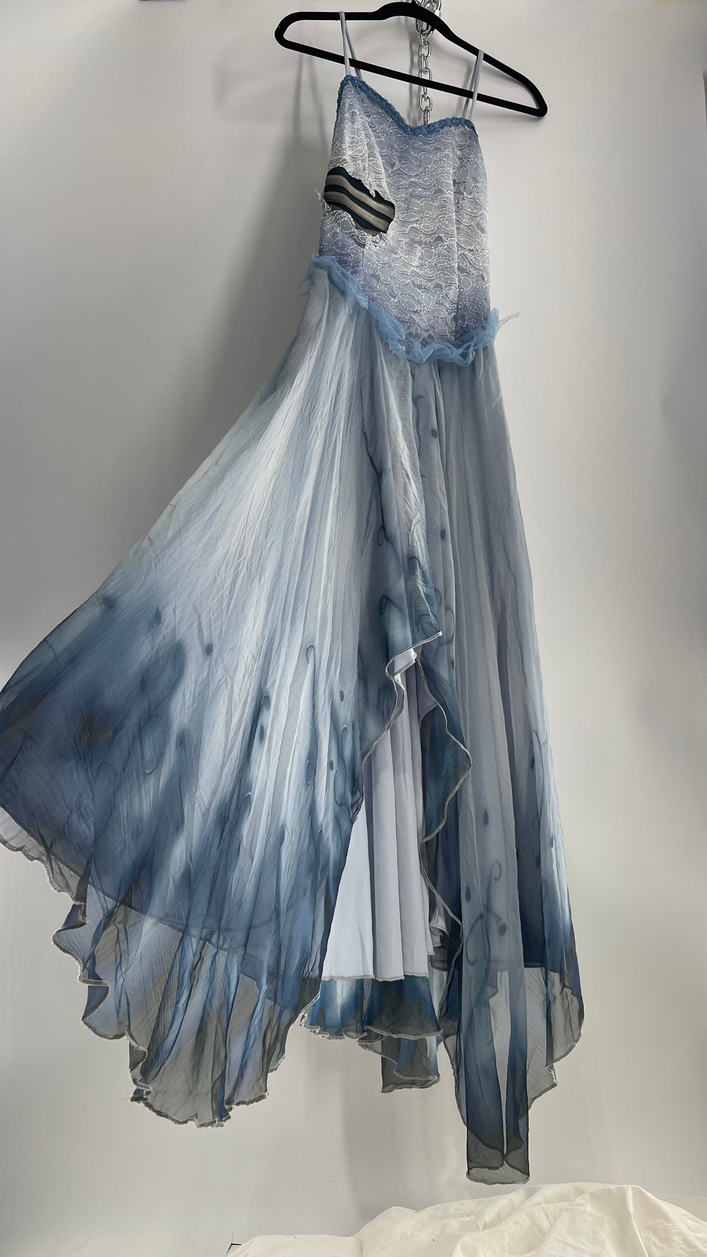 Vintage Muted Blue Corpse Bride Style Gown with Tulle, Embroidery and Ombré