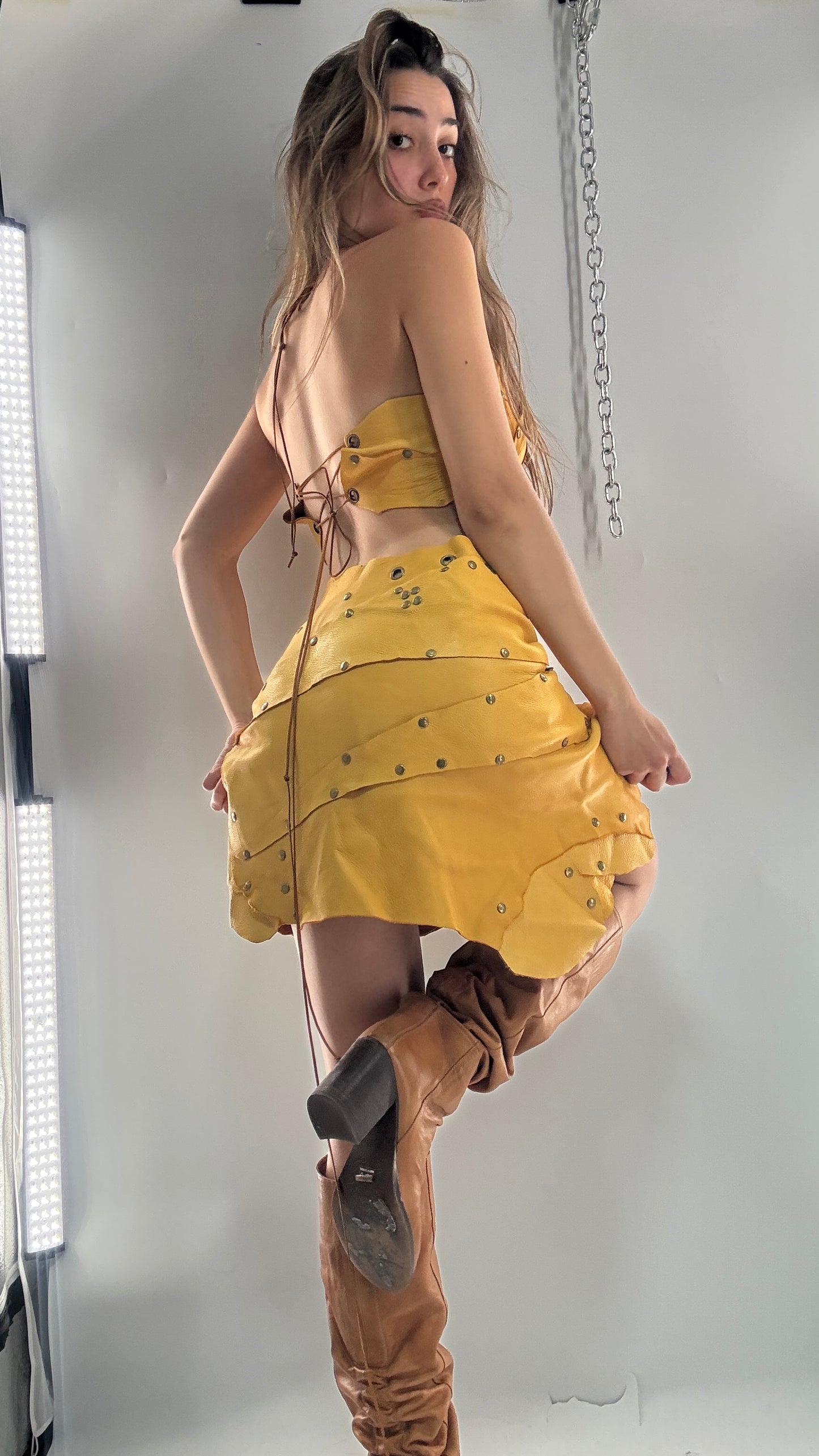 Handmade 1 of 1 and Pressed Genuine Suede and Pebbled Leather Reversible Corset Top and Grommet Skirt Set (XS-M)