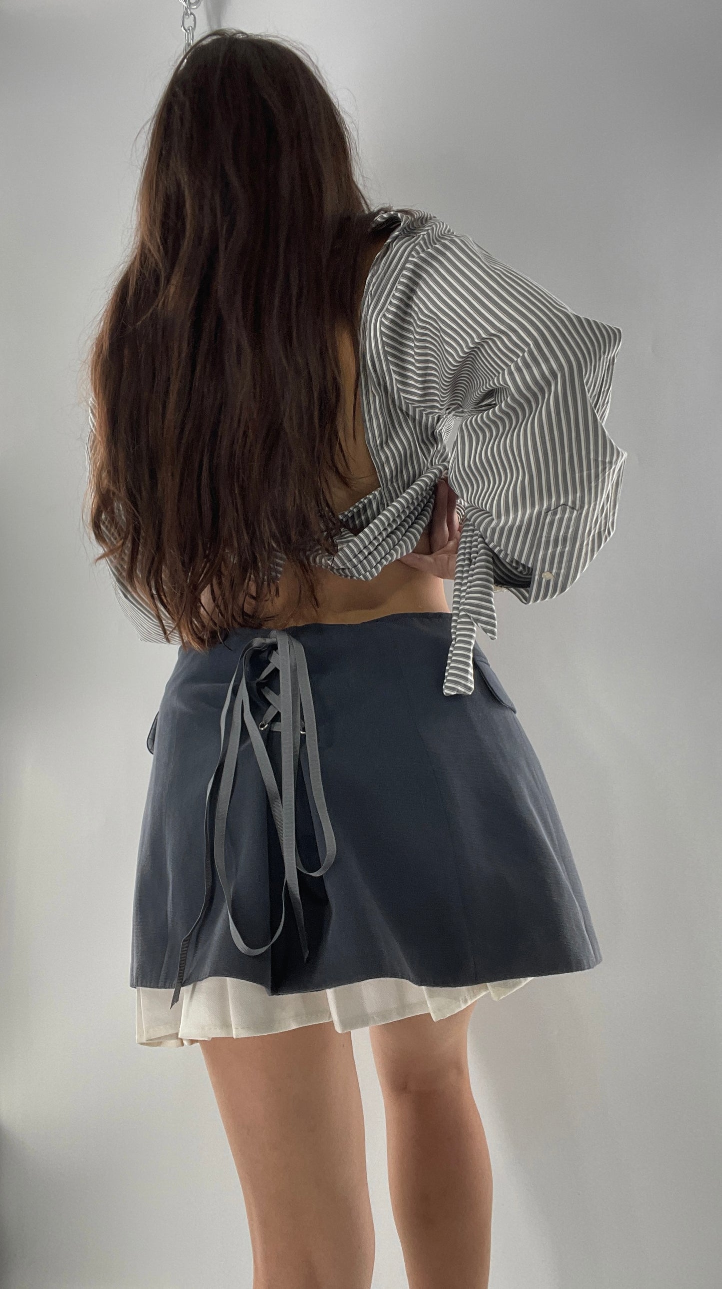 CUSTOM Handmade 2pc Suit Set Gray/Blue with Open Corset Back Skirt and Cropped Jacket (One Size)