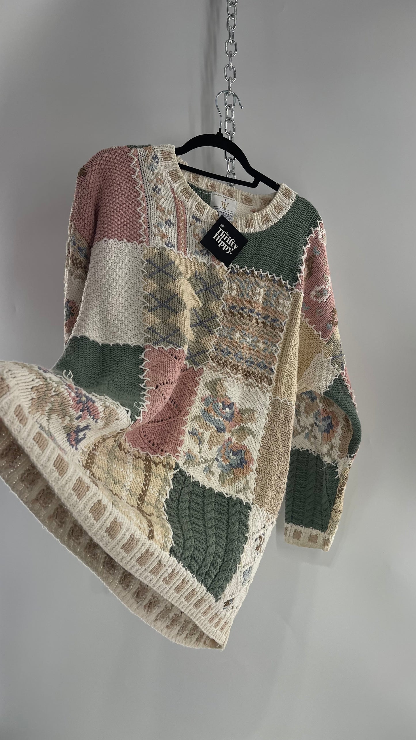 Vintage WEATHERVANE Rare Heavy Hand Knit Patchwork Sweater (Large) (55% Ramie 45% Cotton)