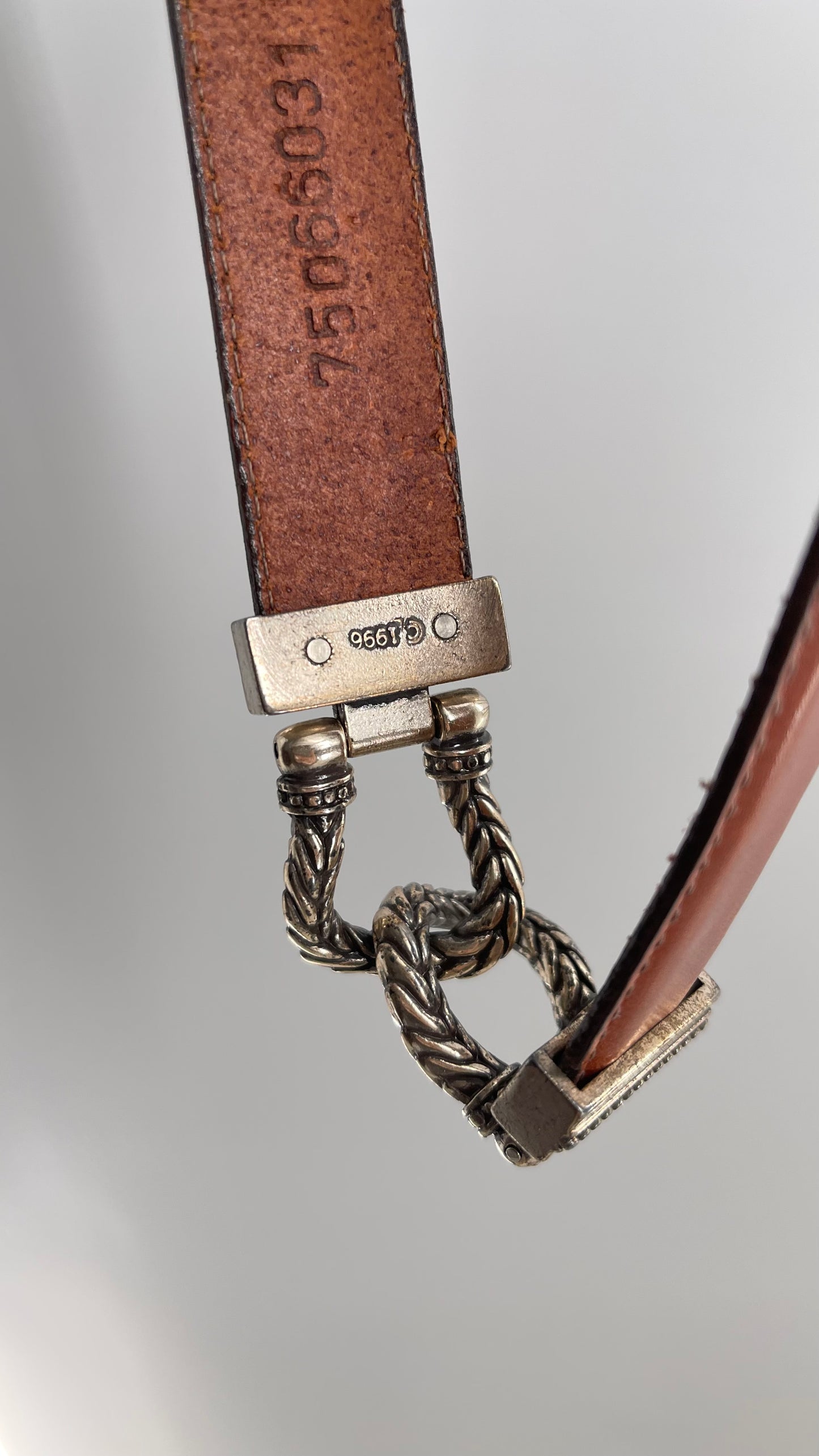 Vintage 1996 Brown Leather Skinny Belt with Western Style Silver Engraved Buckle (Medium)