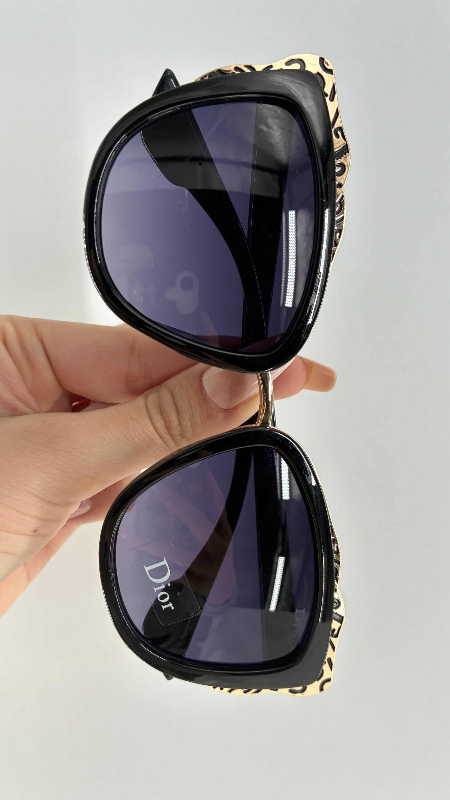 Vintage DIOR Glossy Black Sunglasses with Engraved Gold Detailing *Unauthenticated