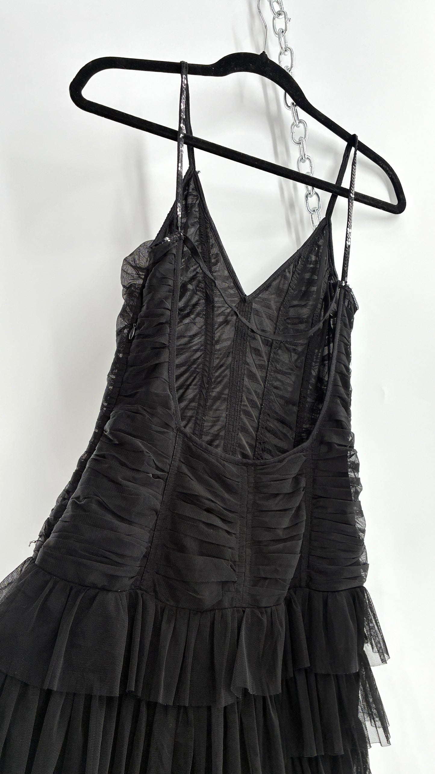 Vintage Black Ruffled Tulle Mini Dress with Low Open Back (8)
