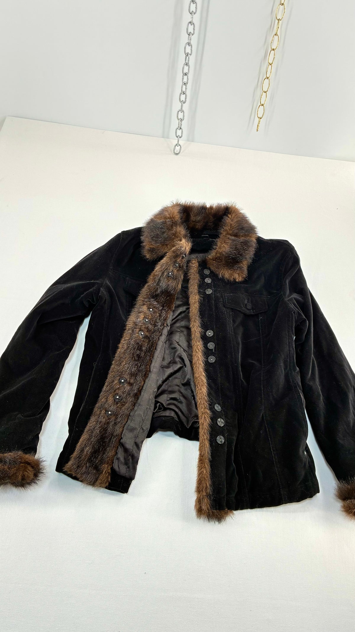 Vintage BLACK RIVET Velour Jacket with Vegan Fur Trim Collar and Cuffs (Large)