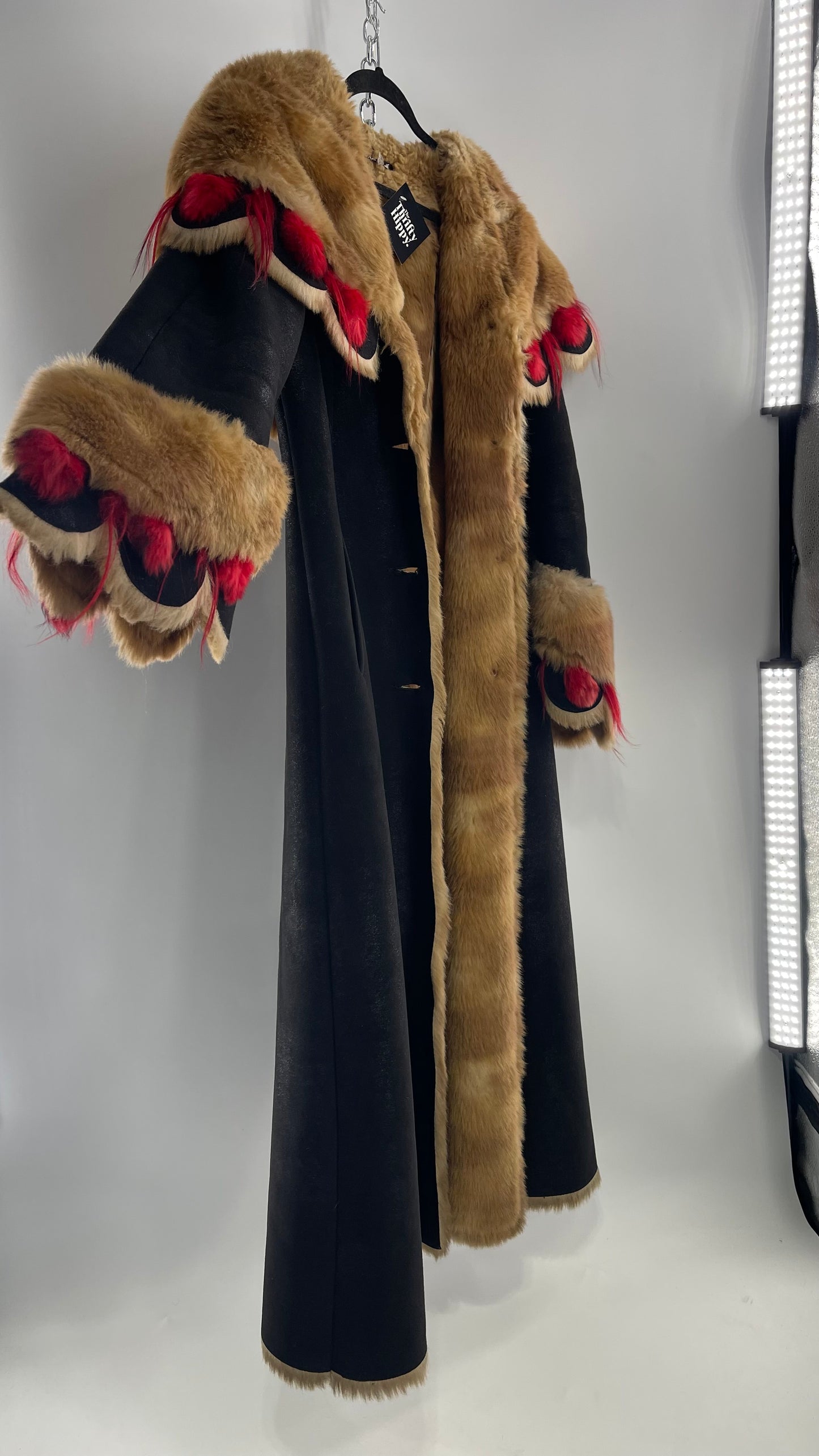 Vintage Russian Black Coat with Brown Fur Piping/Lining, Red Feathers, Scalloped Sleeve, and Hood (Medium)