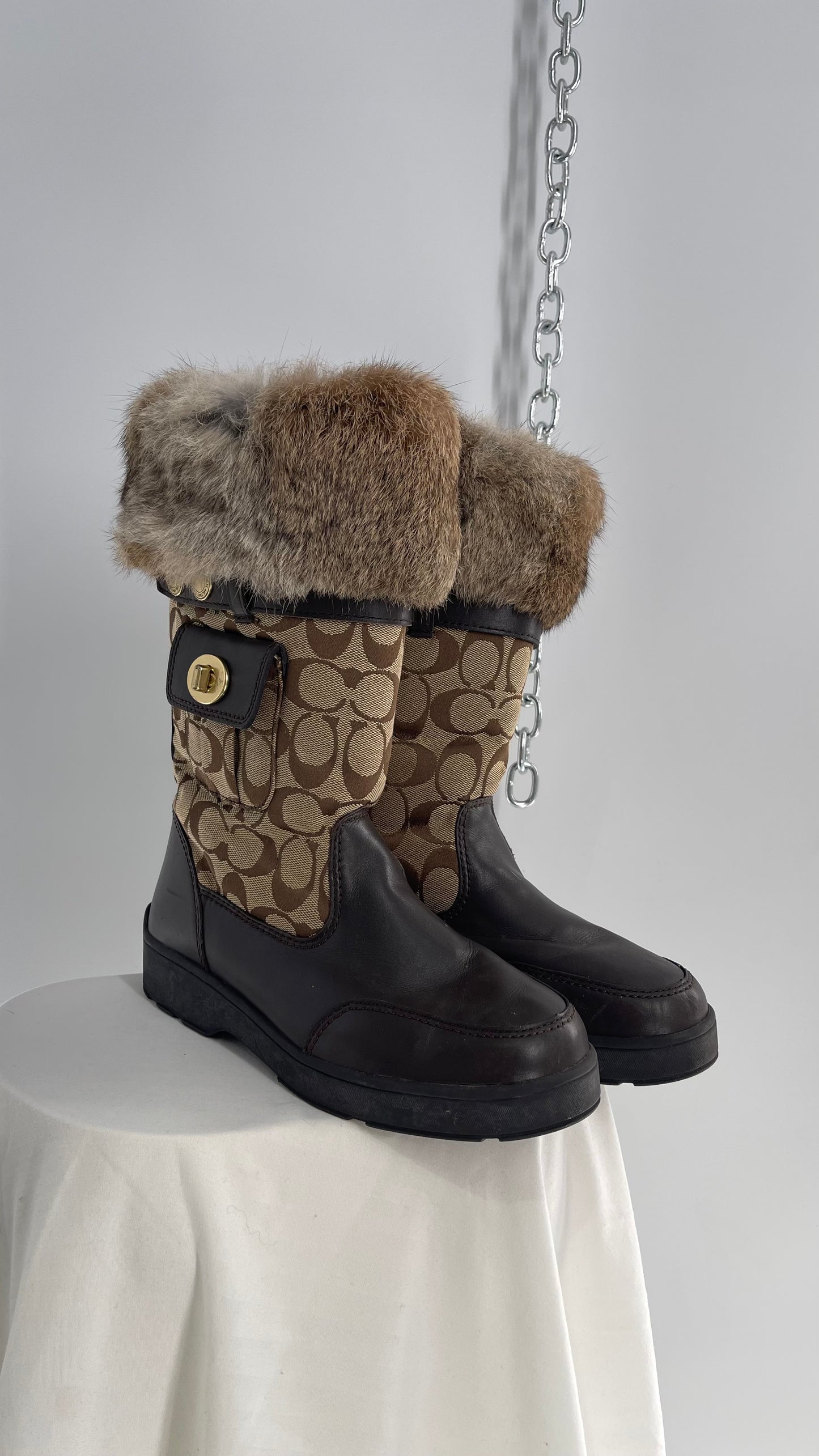 Coach Vintage Kimberly Brown Leather Quilted Monogram Rabbit Fur Trim Boot with Ankle Pouches  (8.5)