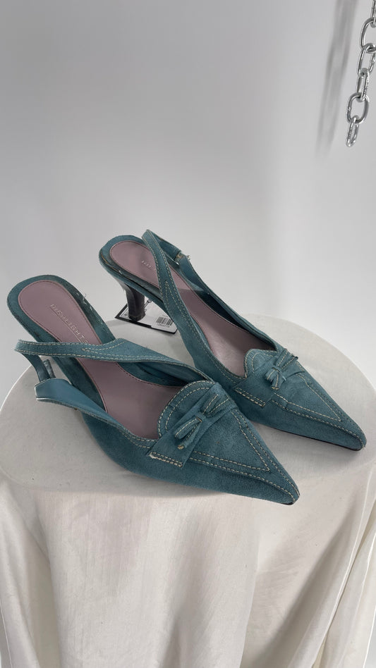 Vintage HIGHLIGHTS Blue Suede Pointed Toe Kitten Heel Slingbacks (7.5)