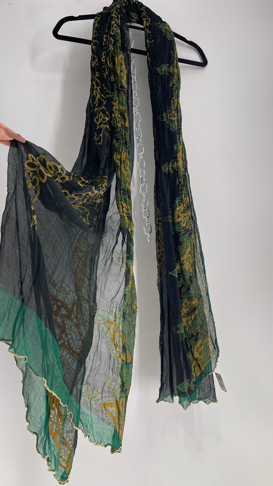 Vintage Silk Black, Green, Gold Foiled Voluminous Scarf