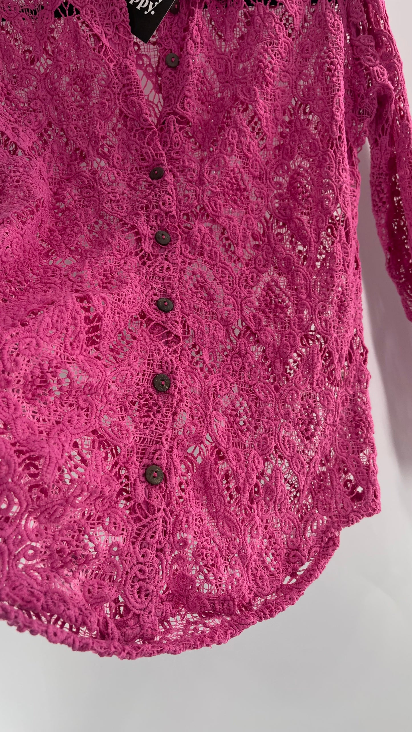 Free People Until Sunday Fuchsia Purple/ Pink Thick Lace Button Front Blouse with Coconut Buttons (XS)
