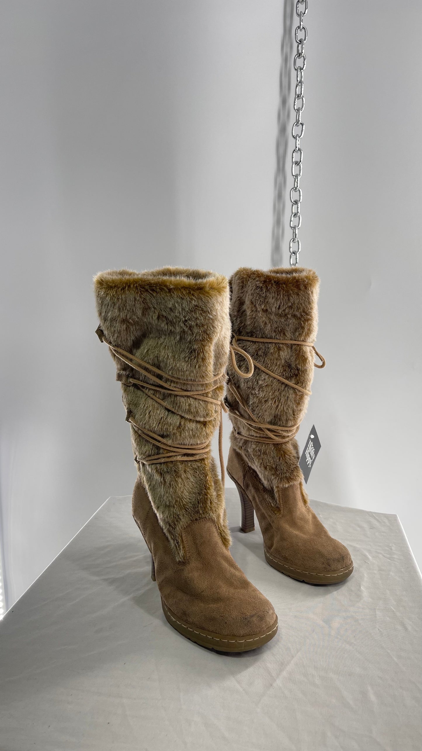Vintage Round Toe Faux Fur Booties with Tie Up Details (7.5)