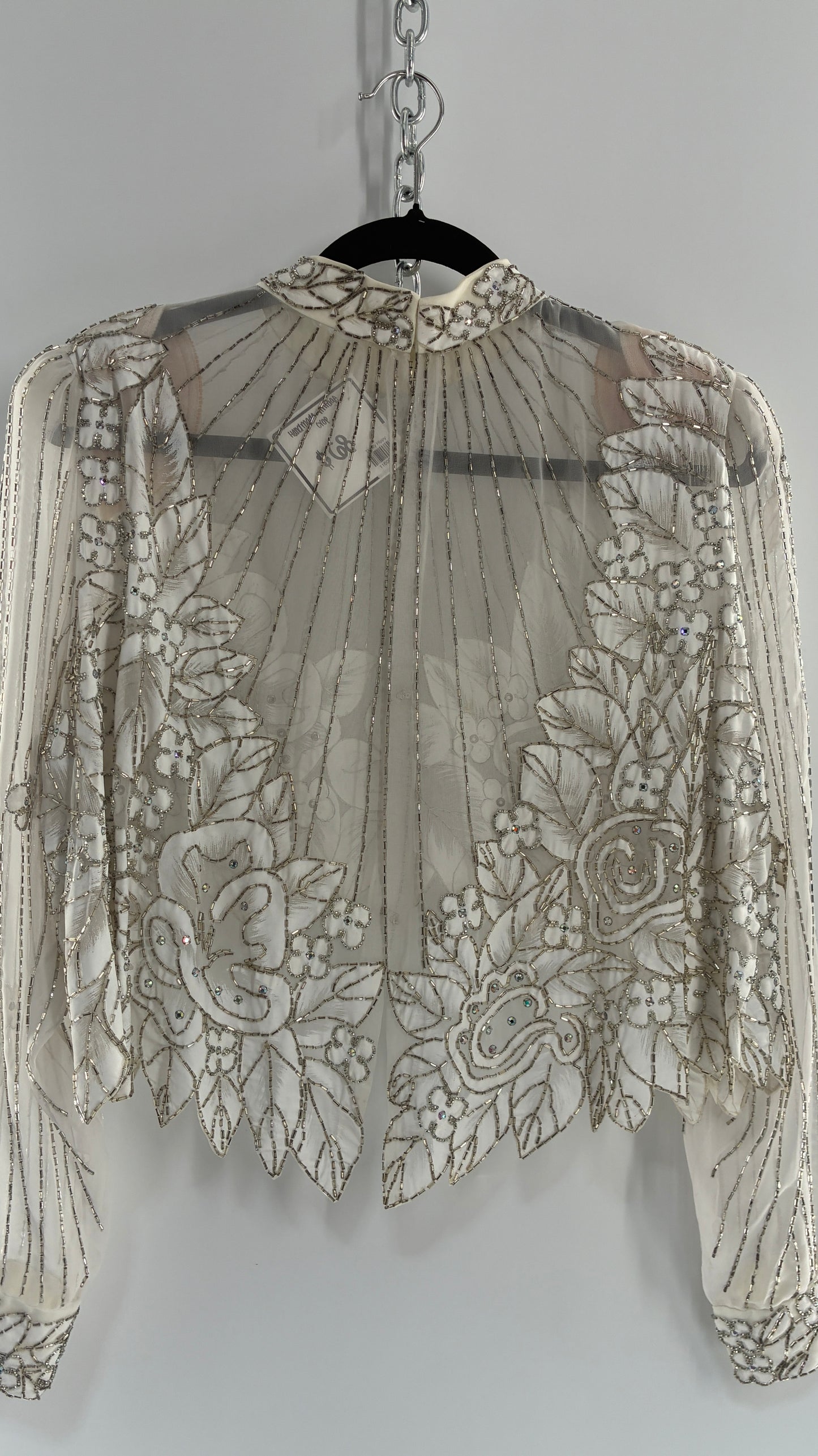 Vintage Sheer White Bridal Beaded Open Back Floral Blouse with High Neck (Medium)