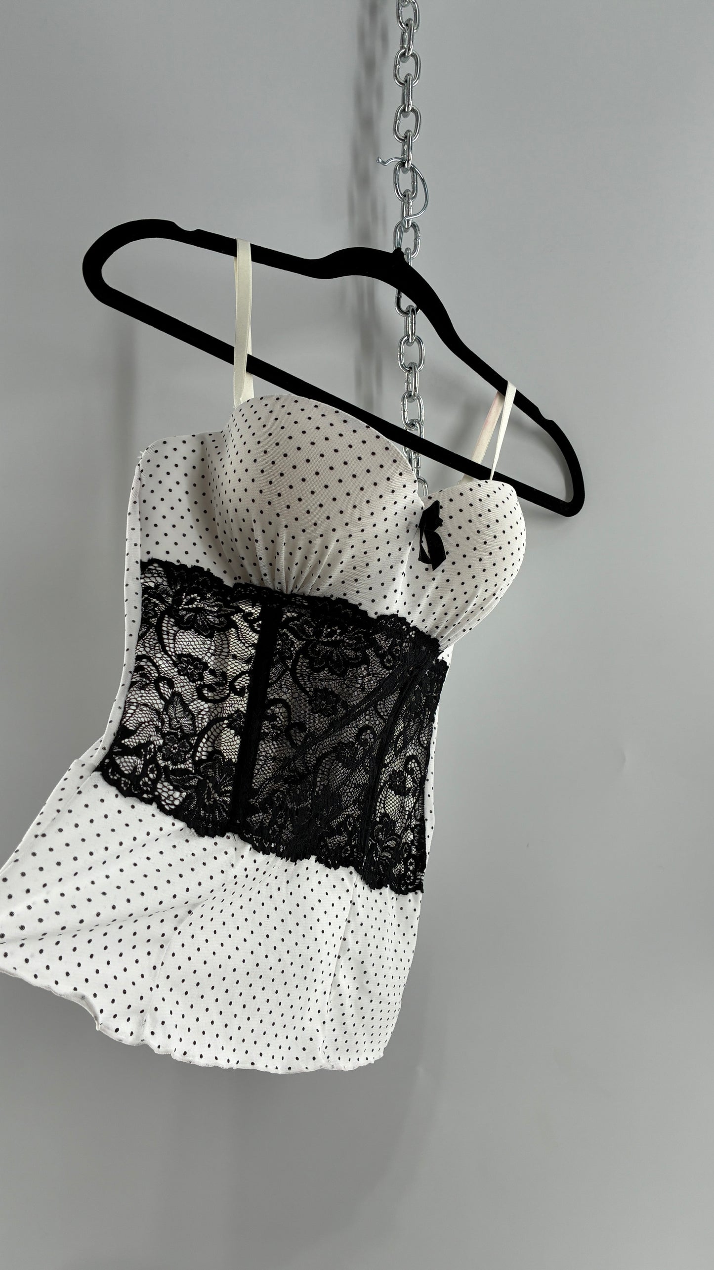 Vintage Black and White Polka Dotted Bustier Babydoll with Lace Bodice Detailing (Medium)