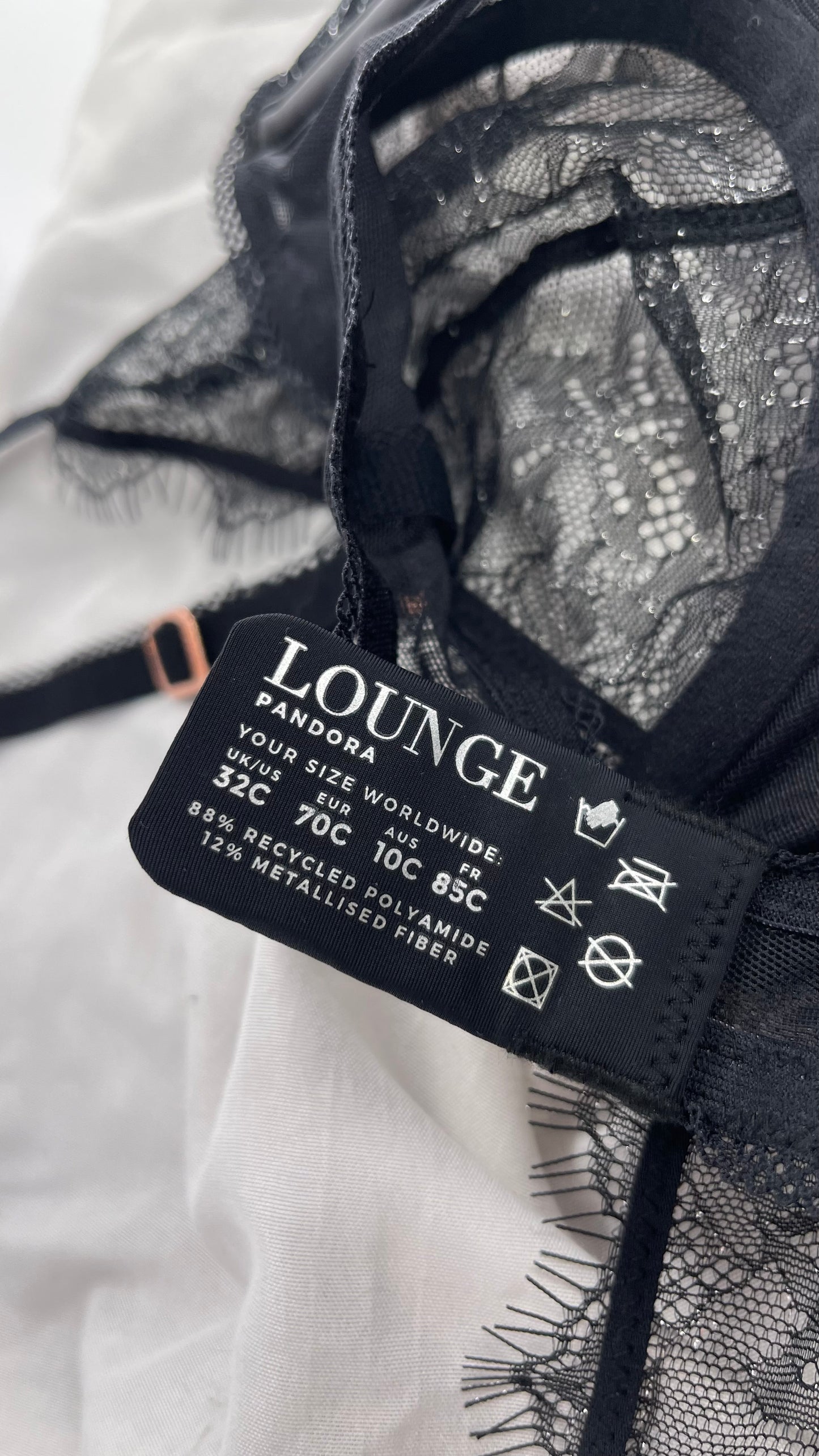 LOUNGE Black and Silver Lace Pandora Bra, Garter, and Panty Set NWOT (32C,XS)