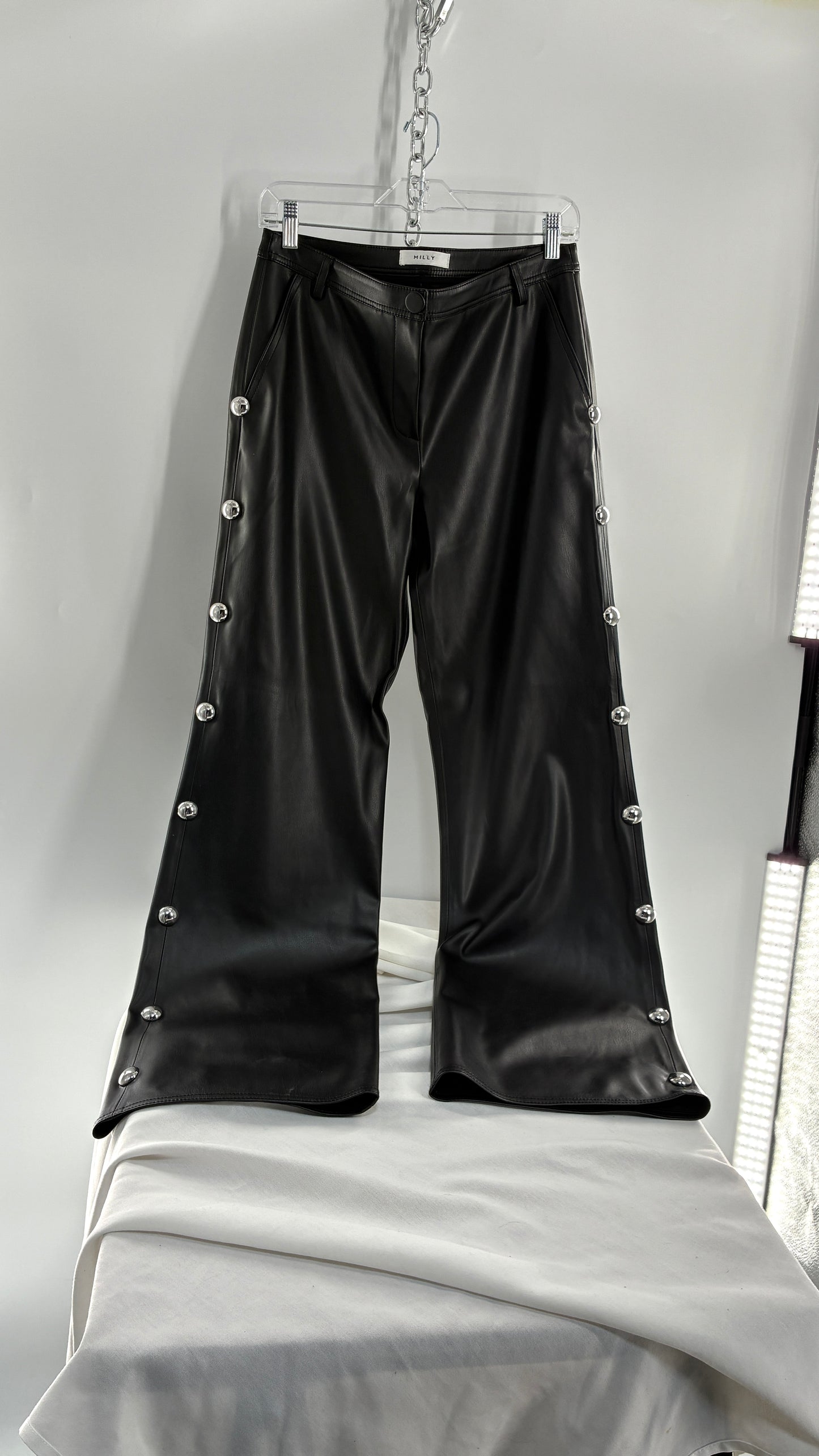 Vintage MILLY Black Vegan Leather Wide Leg Pants with Silver Oversized Studs