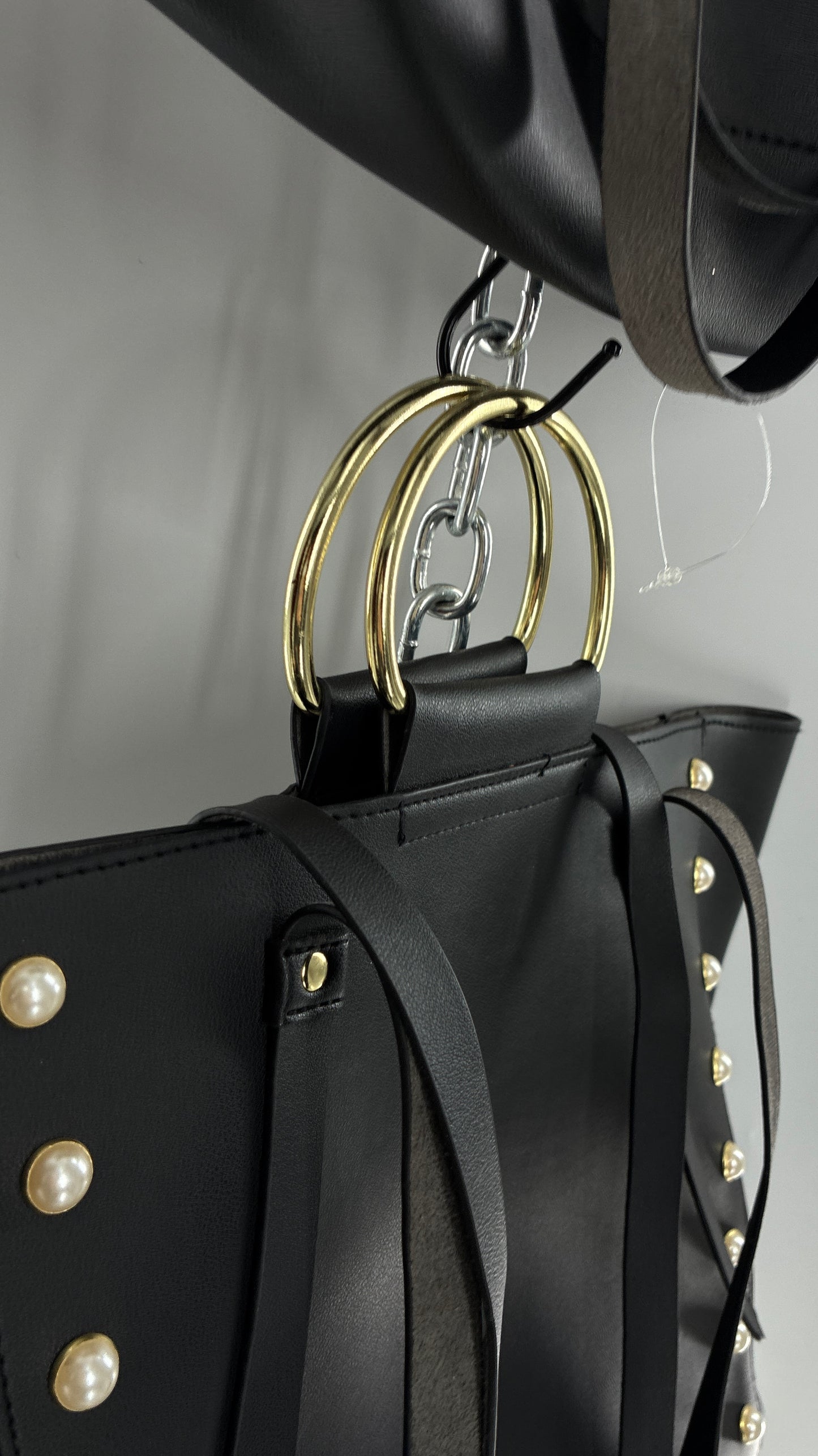 Black Vegan Leather Dual Size Purse Set with Pearl Studs