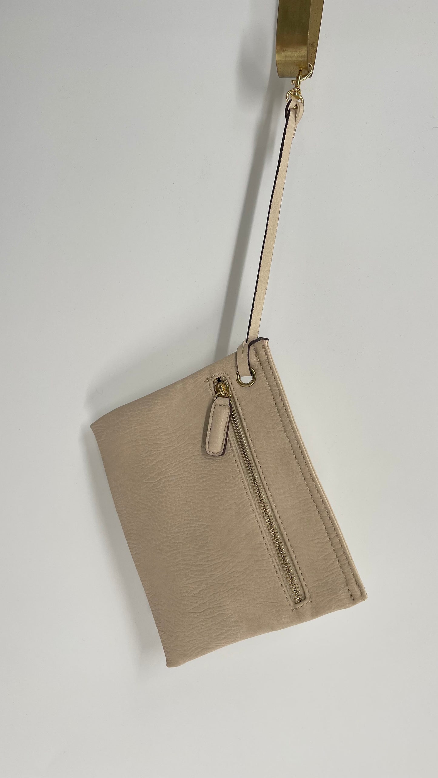 Beige Vegan Leather Attachable Zipper Pouch