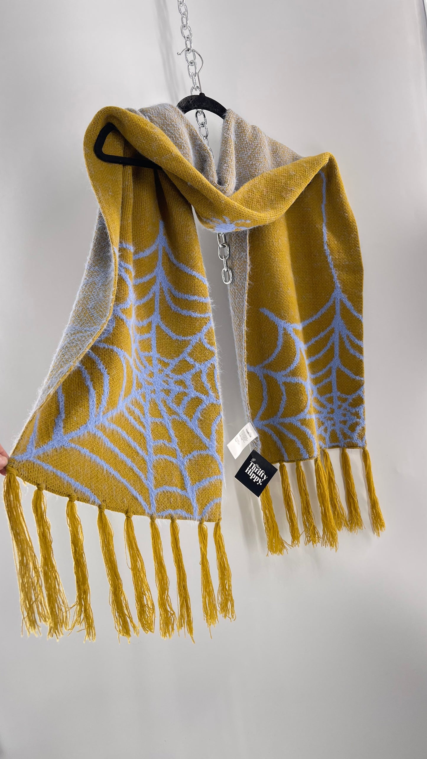 Free People Yellow Green Thick Knit Scarf with Powder Blue Spider Web Graphic