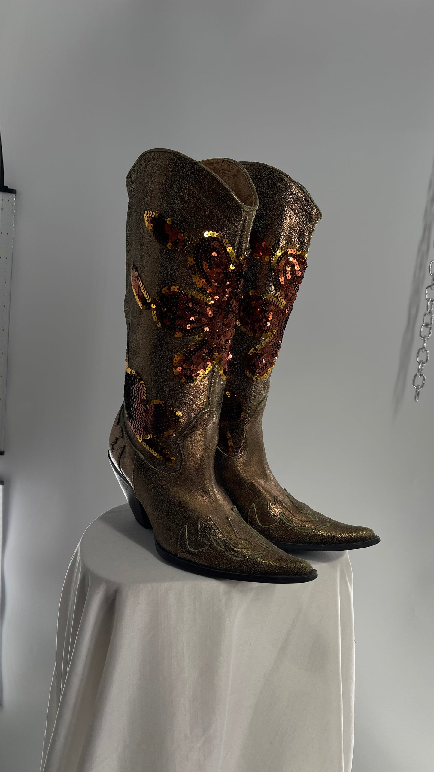 RARE Vintage Foot Candy Sage Green/Bronze Leather Cowboy Boots with Sequin Flowers and Flame Details (6.5)