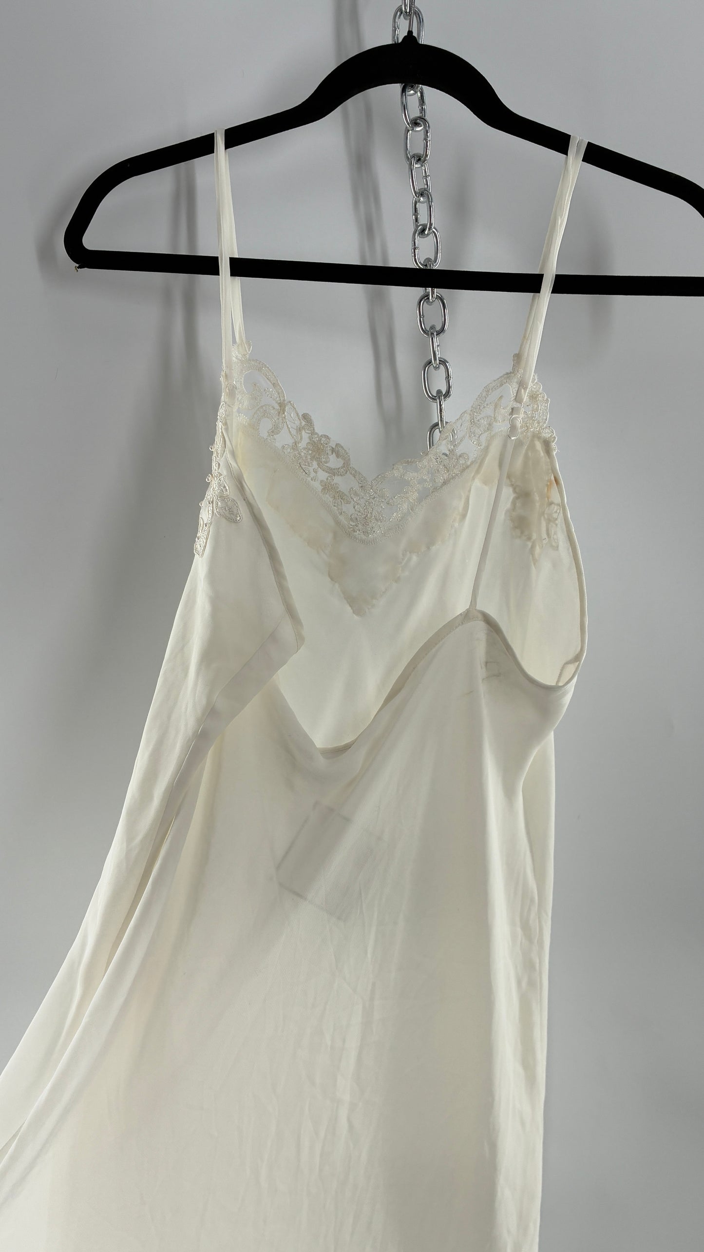 Vintage CALIFORNIA DYNASTY Ivory Maxi Slip Nightgown Dress with Sequin Neckline and Handkerchief Hem (Large)