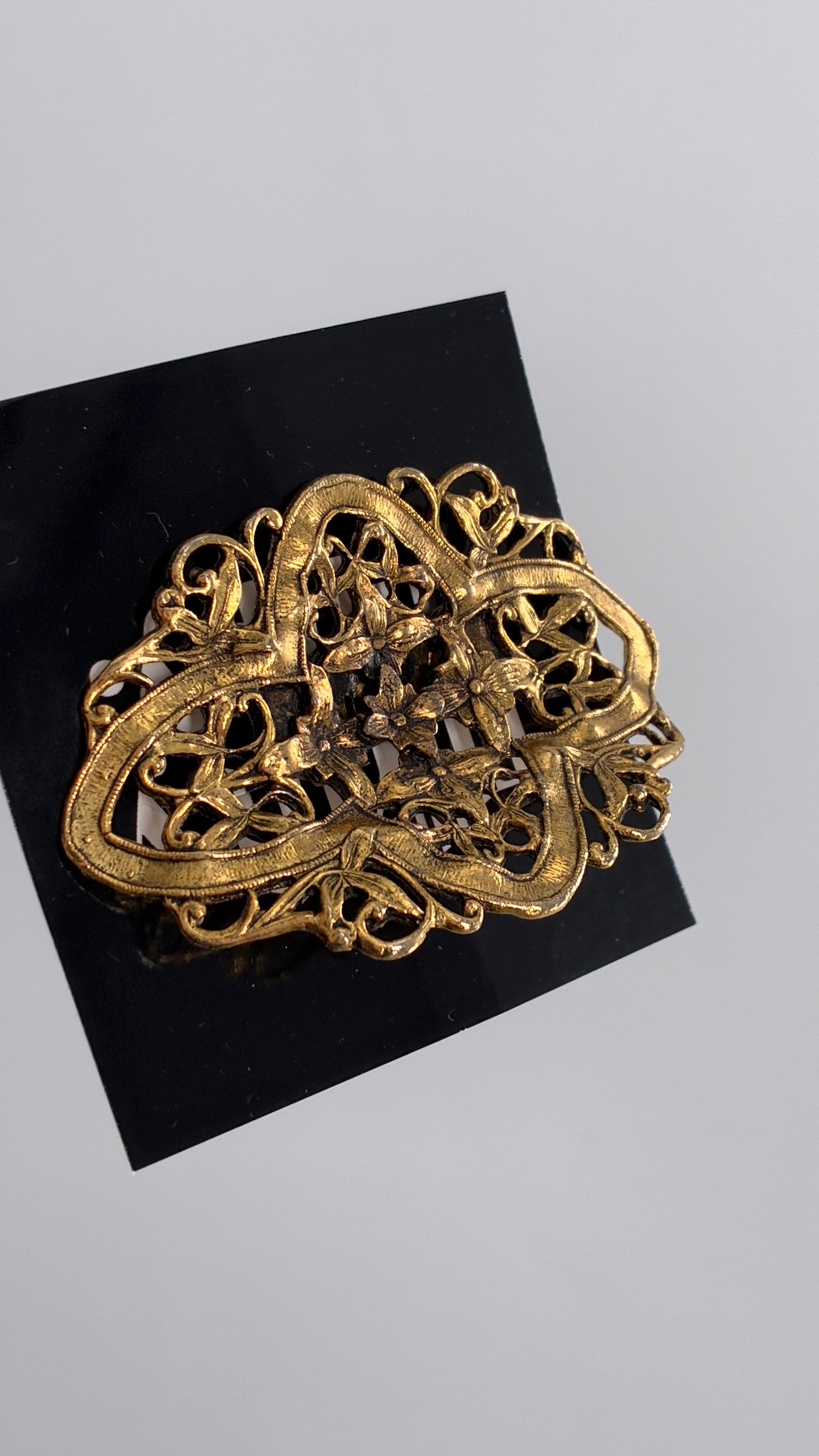 Vintage MUSI Ornate Gold French Buckle Clip with Engraved Flowers and Leaves