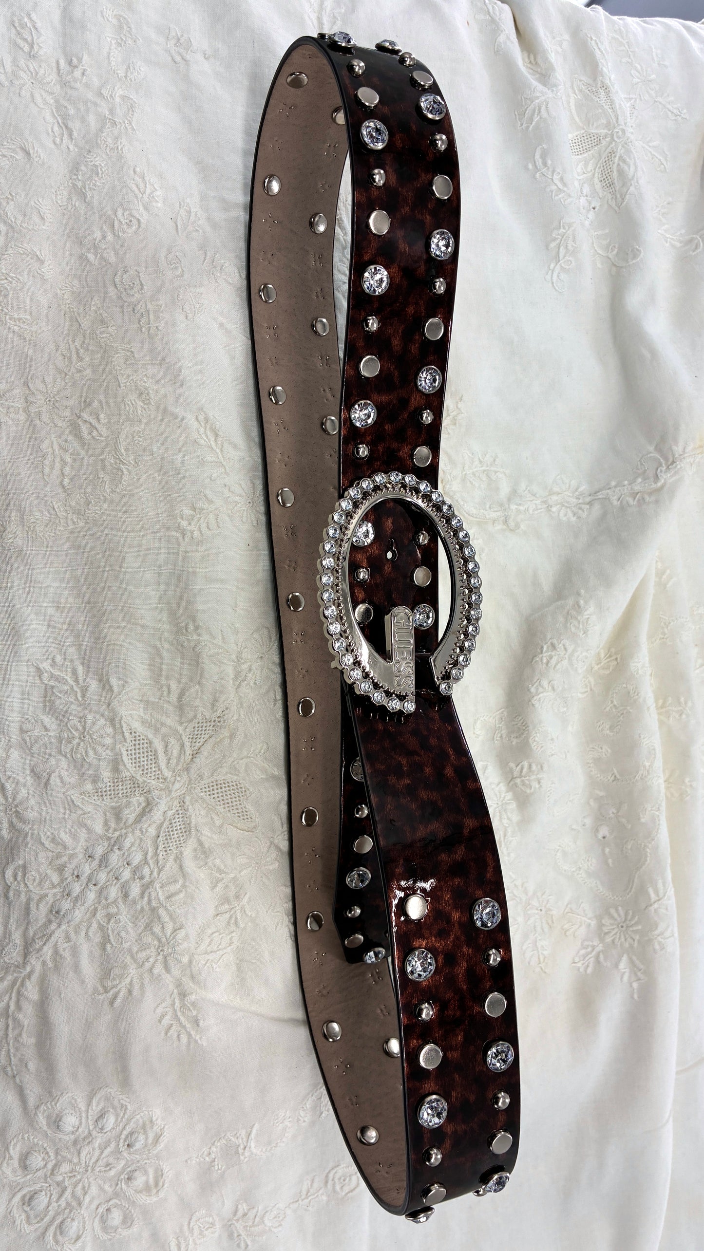 Vintage GUESS Glossy Tortoise/Cheetah Belt Covered in Studs, Crystals and Iconic Buckle (Large)