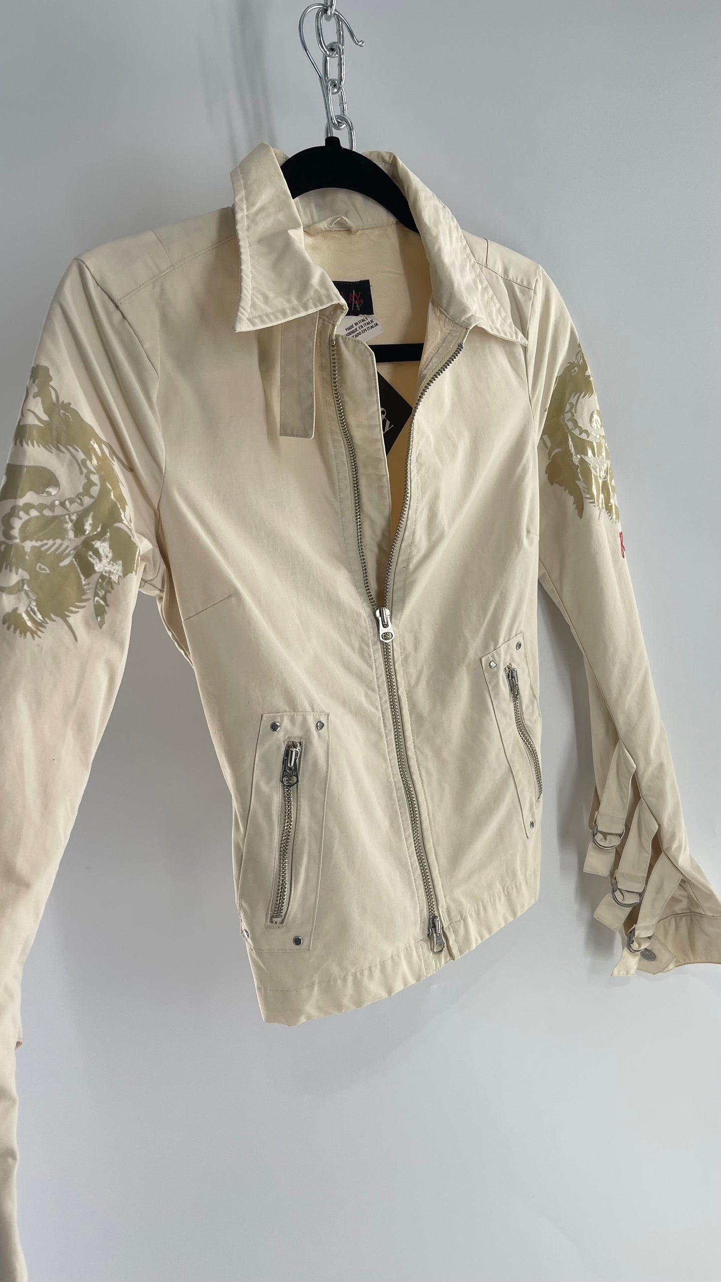 Vintage REPLAY Beige 1990s Italian Moto Jacket with Embossed Buttons, Buckle Cuffs, Dragon Graphic and Neck Strap (XS)