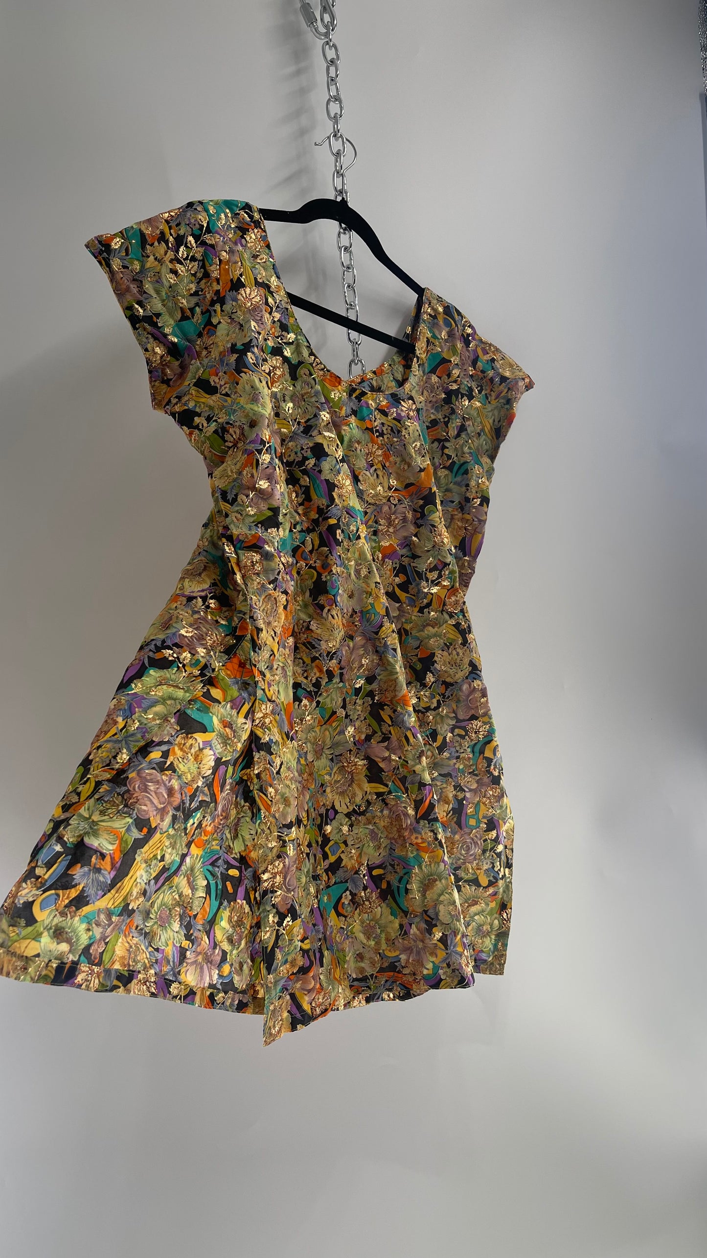 Vintage Imported Contrasting Floral Side Slit Tunic Silk with Hand Painted Glitter Details (Medium)