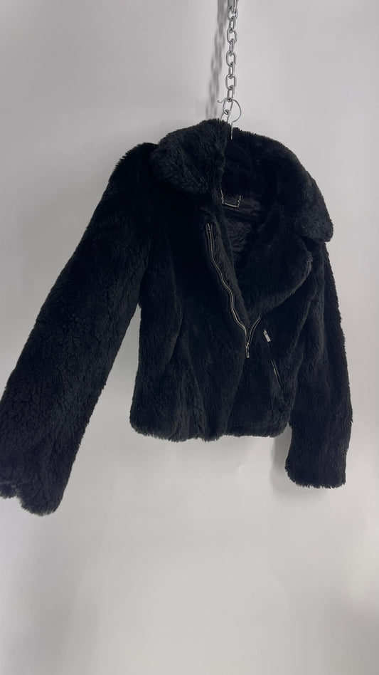 Vintage EXPRESS Fuzzy Black Motorcycle Jacket (Small)