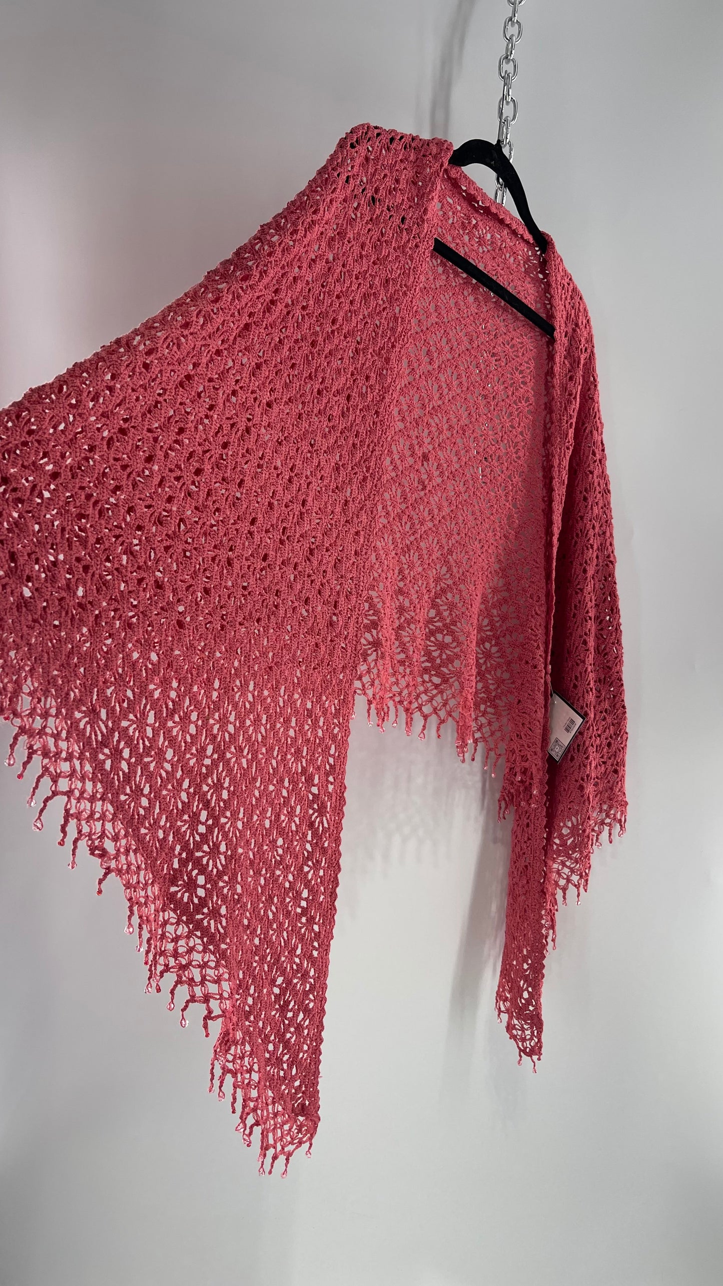 Vintage Hand Crochet Pink Shawl with Beaded Fringe Hem (One Size)