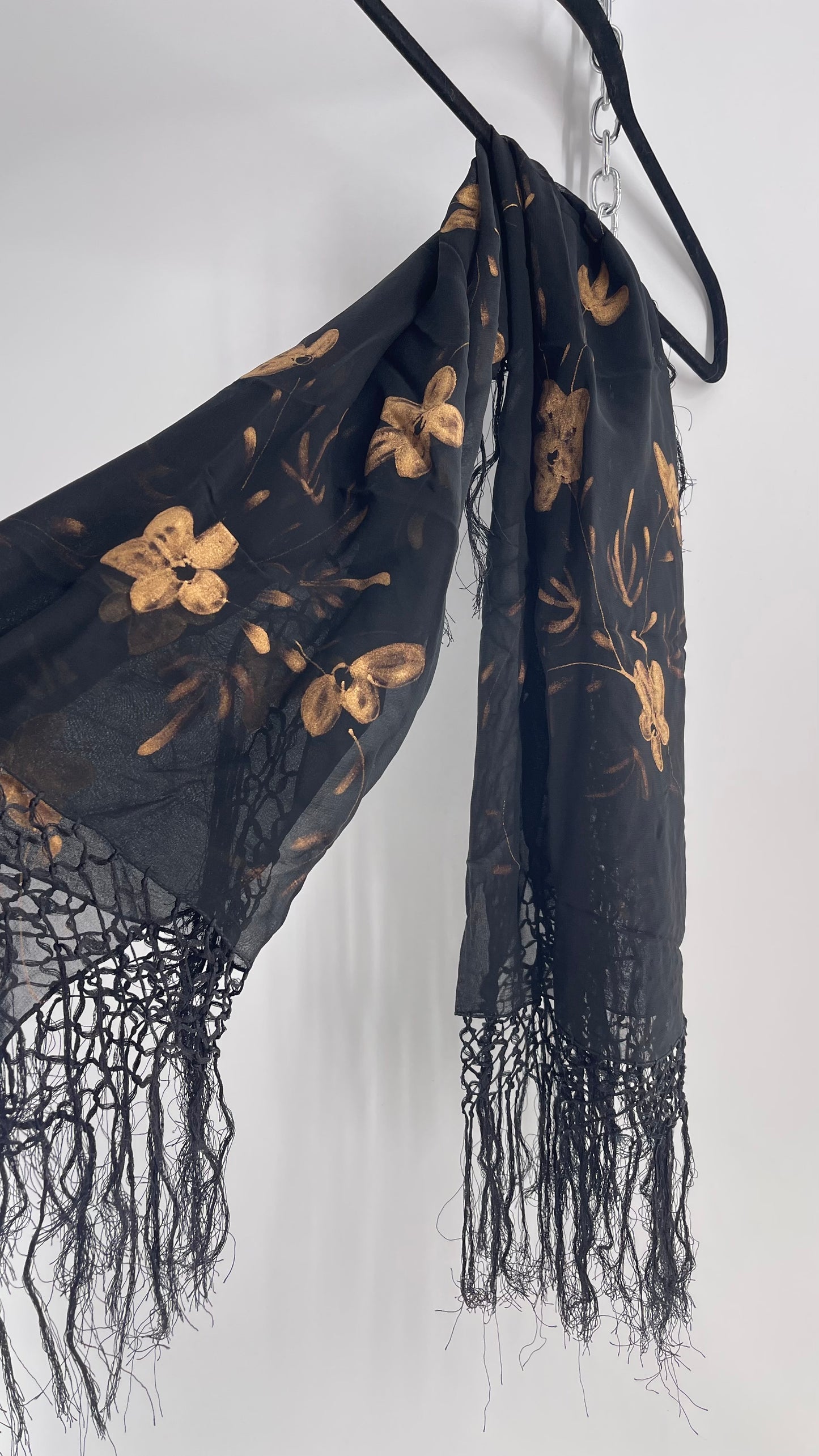 Vintage Black Fringe Scarf with Gold Painted Florals