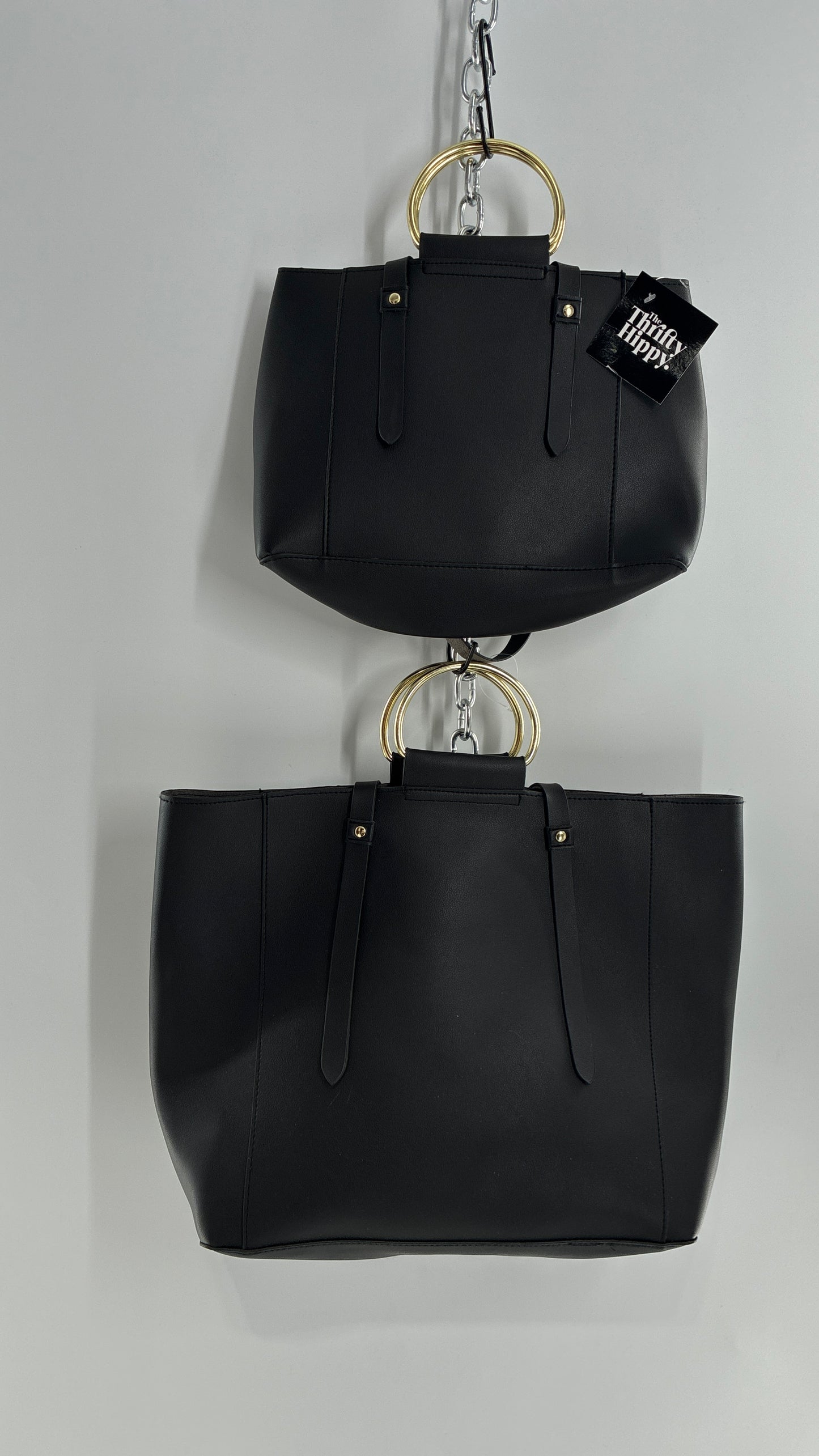 Black Vegan Leather Dual Size Purse Set with Pearl Studs