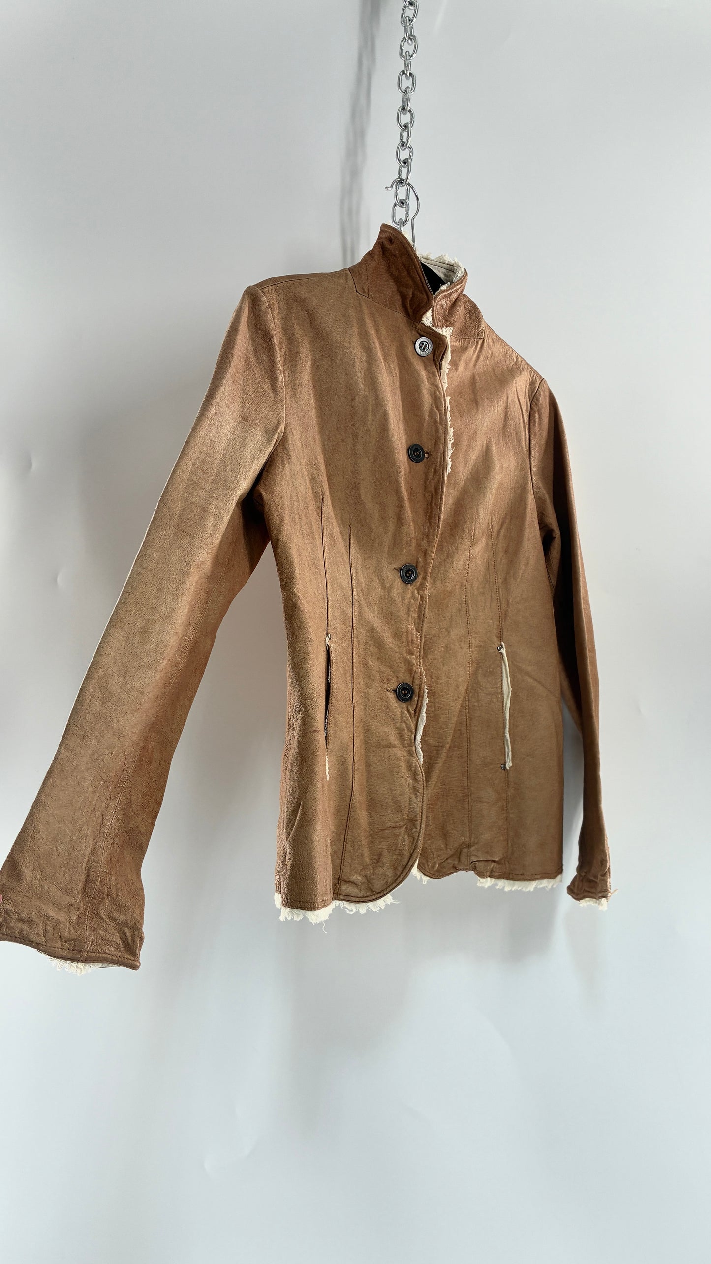 Vintage JAKETT Tan Leather Jacker with Cotton Raw Edge Trim+ Lining and buttoned Cuffs (Medium)
