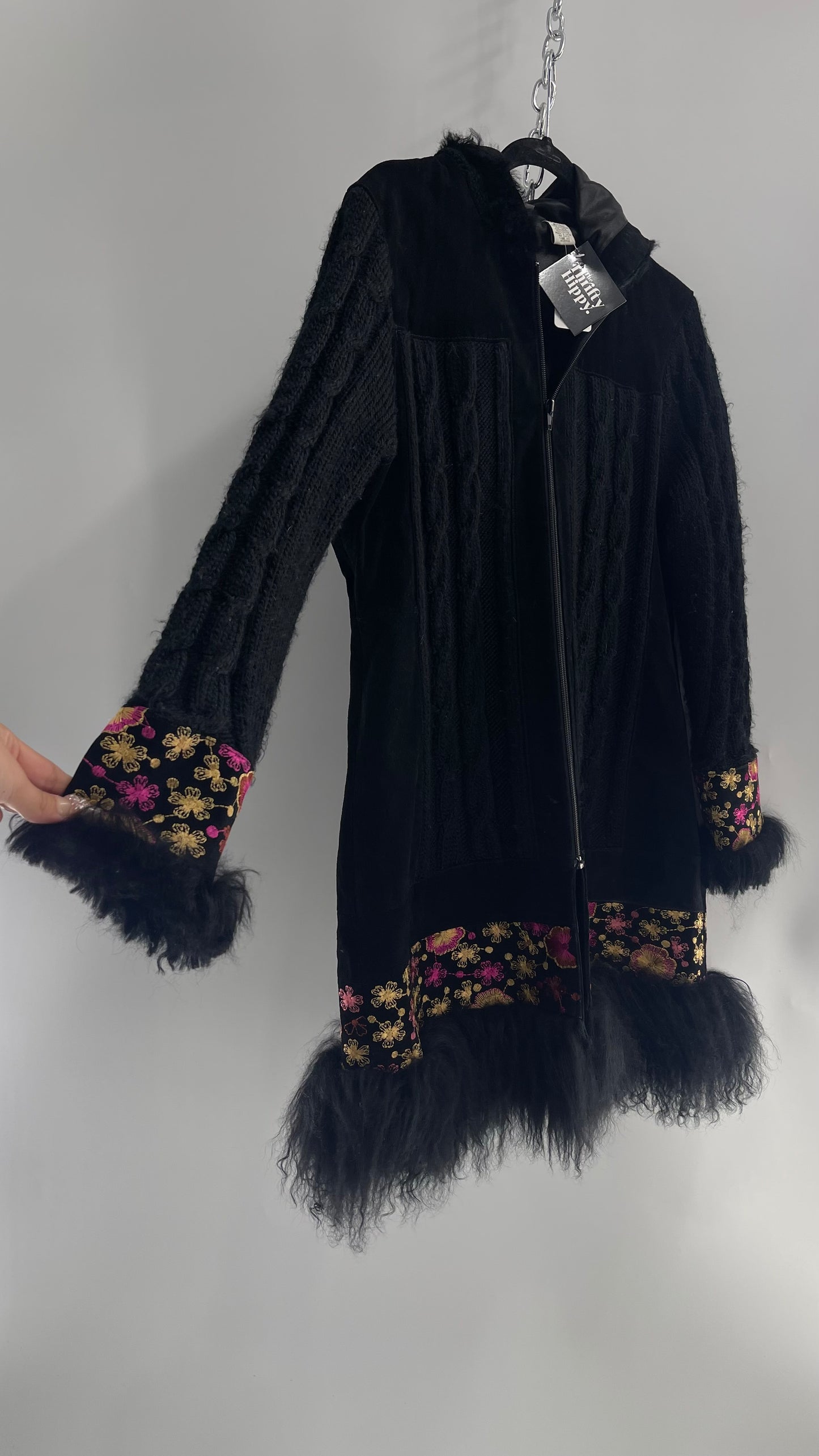 Rare Vintage Phosphorus Black Knit Coat with Suede Panels, Embroidered Suede Cuffs/Hem and Lamb Fur Trim on Hem, Cuffs and Hood (XL)