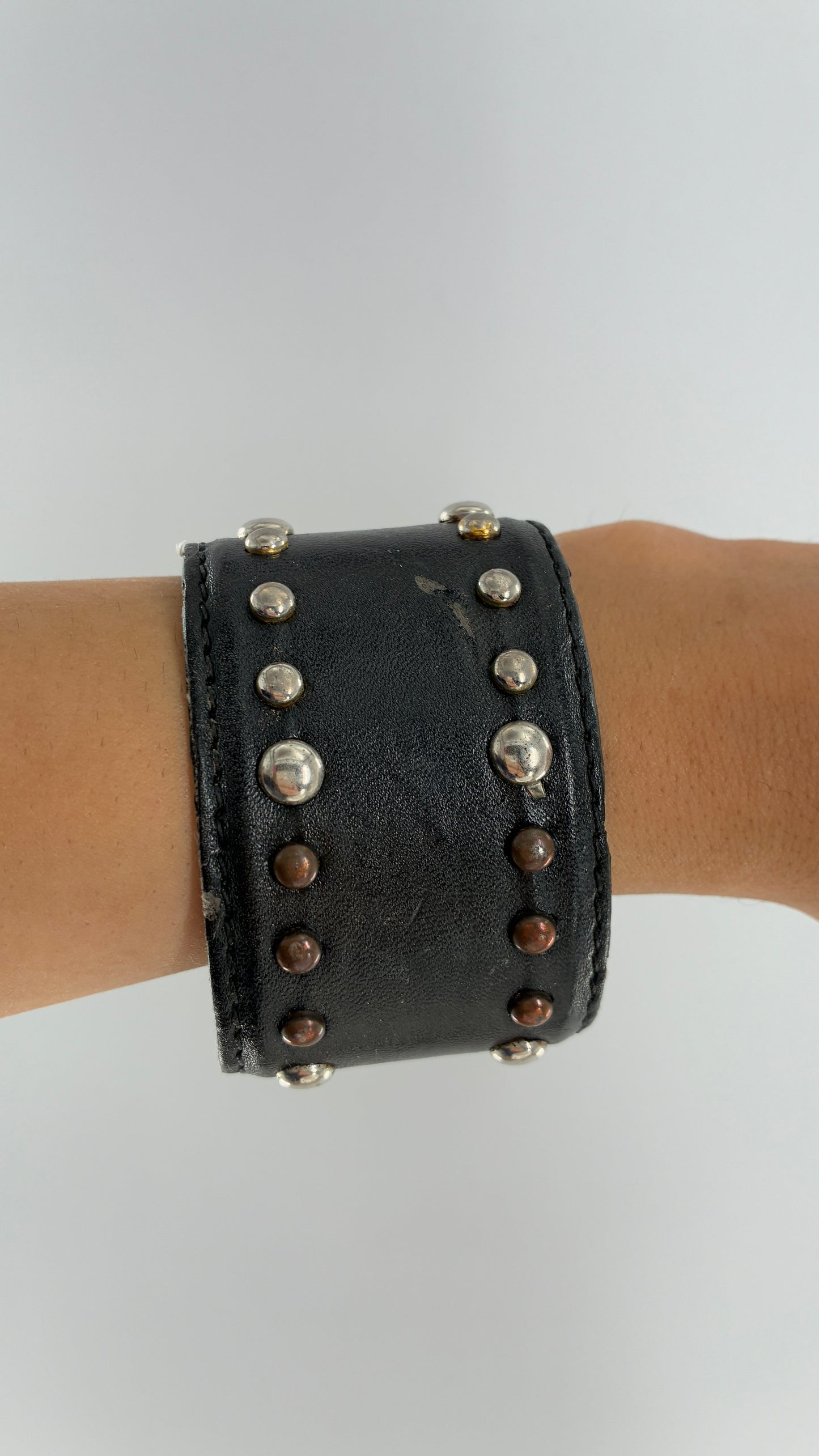 Vintage Leather Studded Mixed Metal Bangle