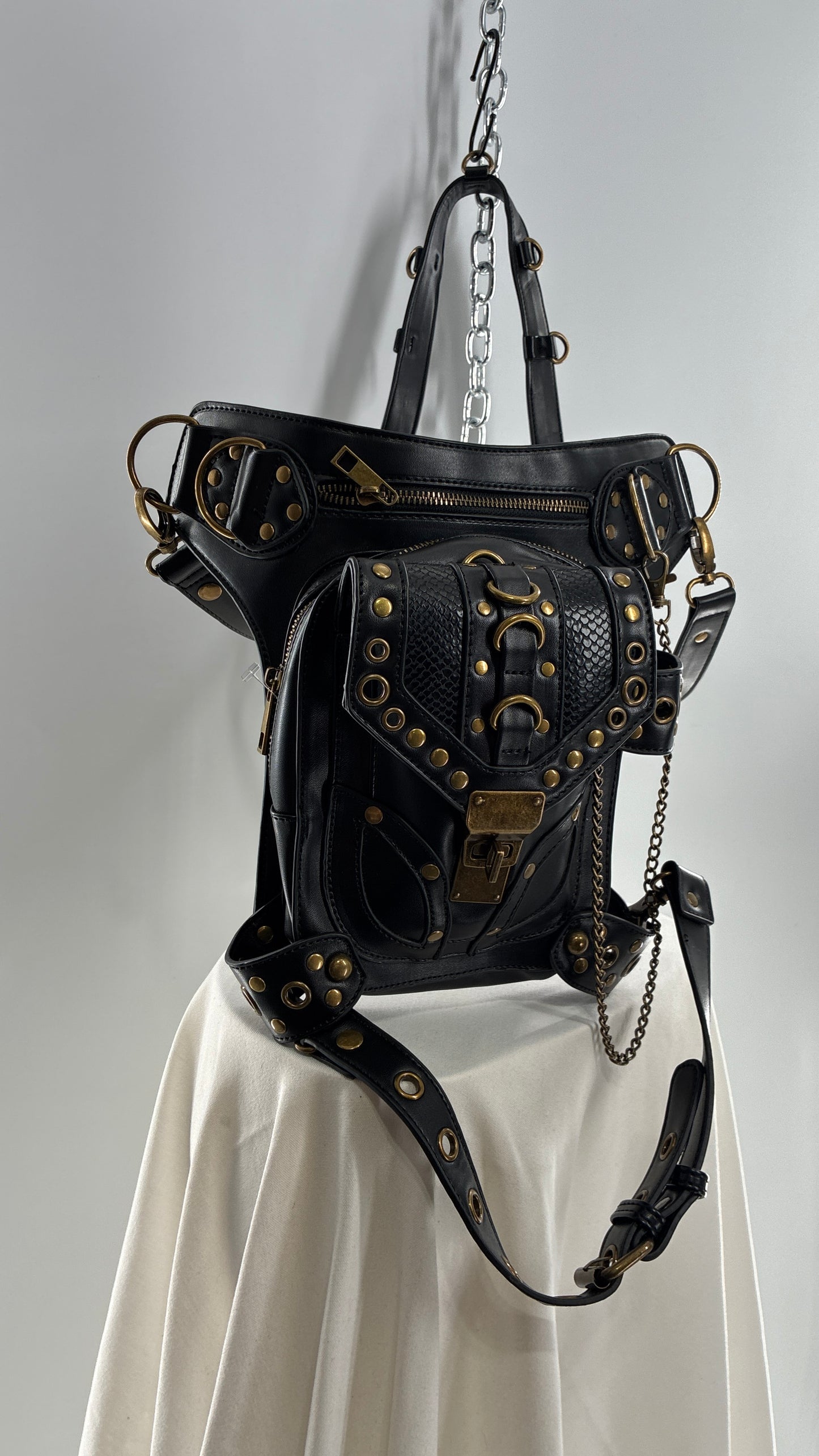 Vintage Bronze Studded, Leather Thigh Strap Crossbody Bag