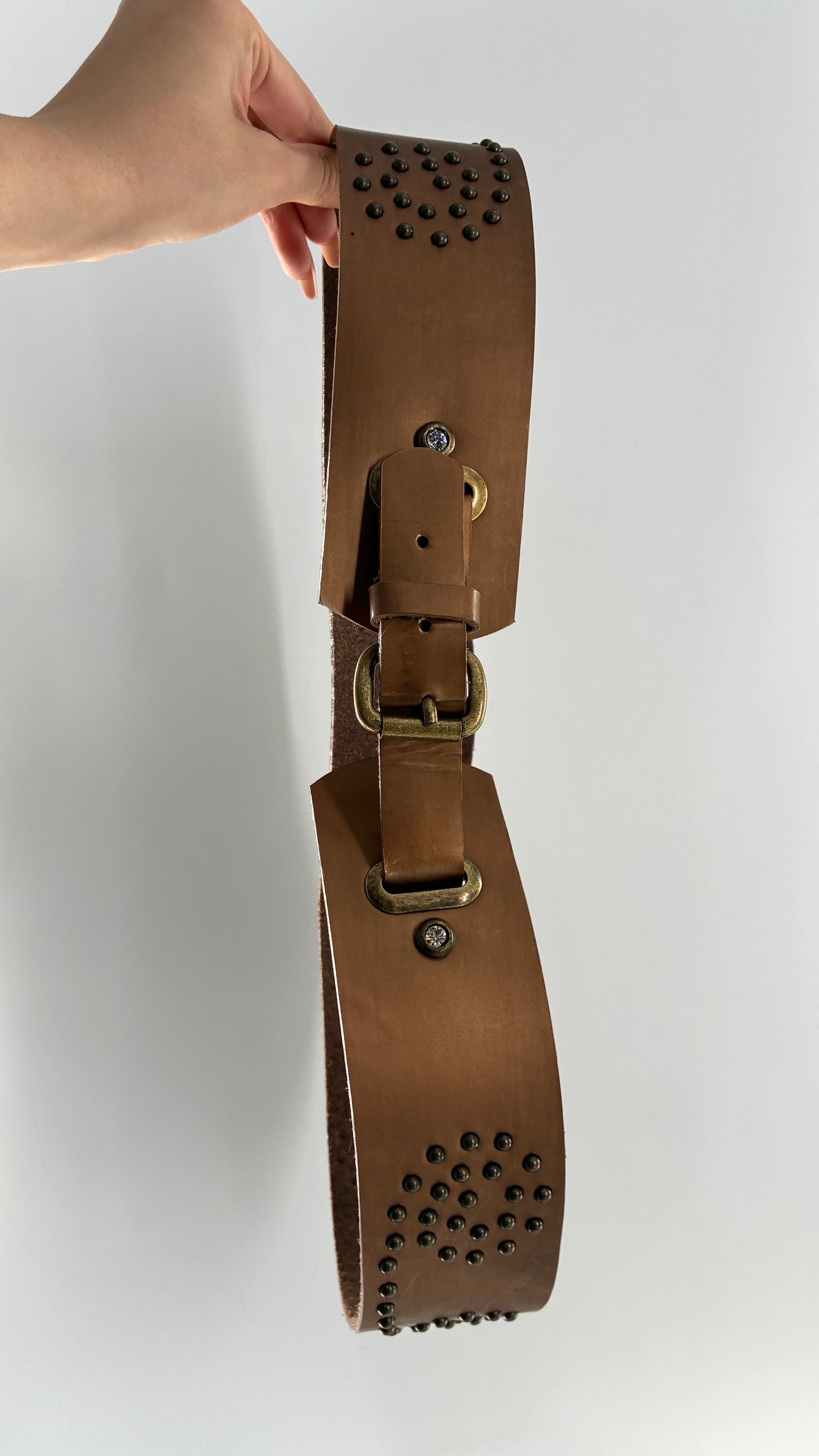 Vintage MADEMOISELLE Bronze Leather Thick Belt with Studded Rhinestone Details (L)
