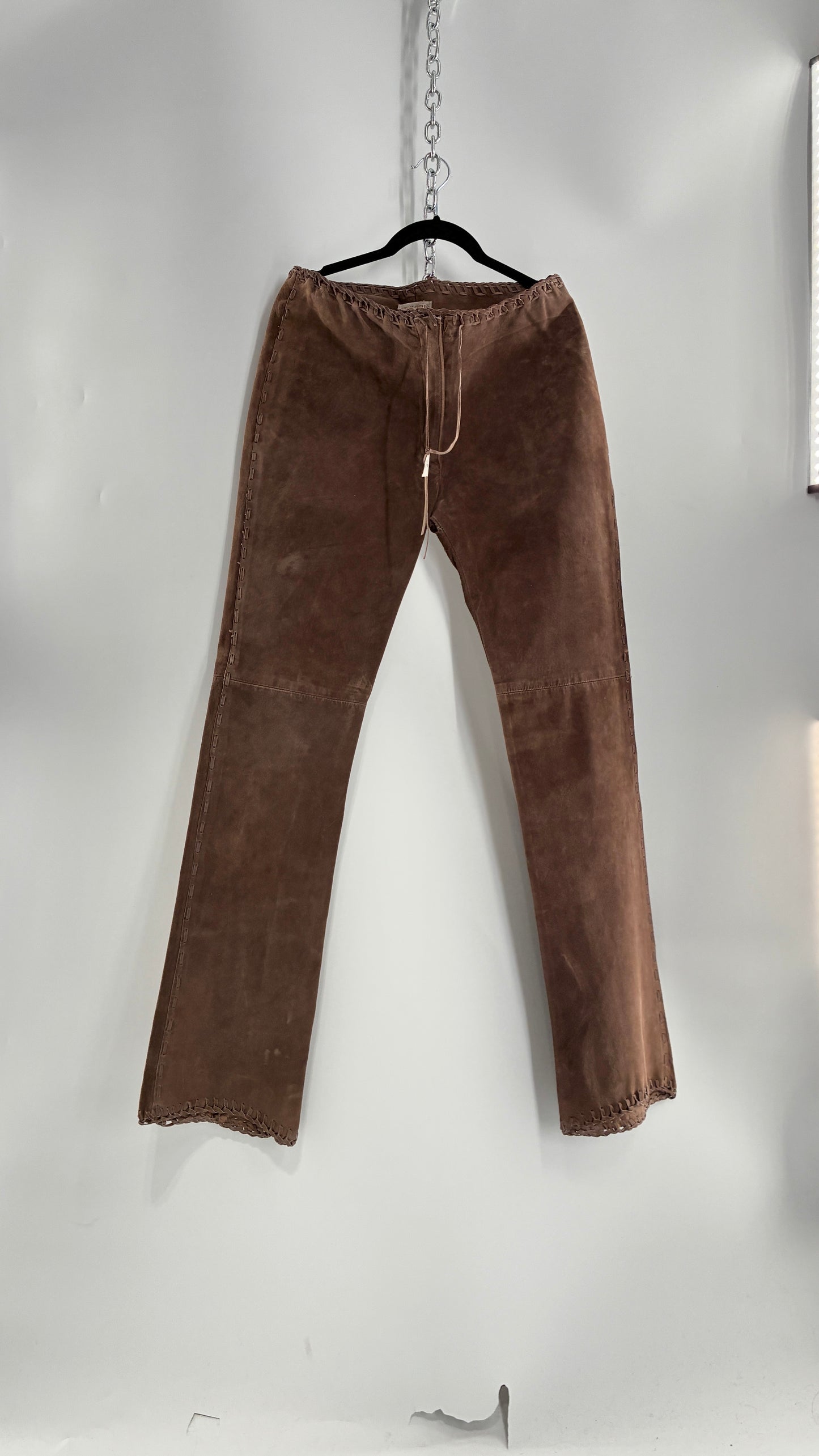 Vintage SWEET ROMEO Suede Leather Stitch Side, Braided Hem Pants (10)