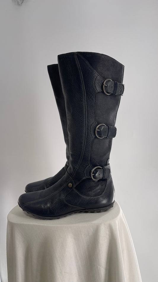 GEOX Black Leather Buckle Knee High Boots