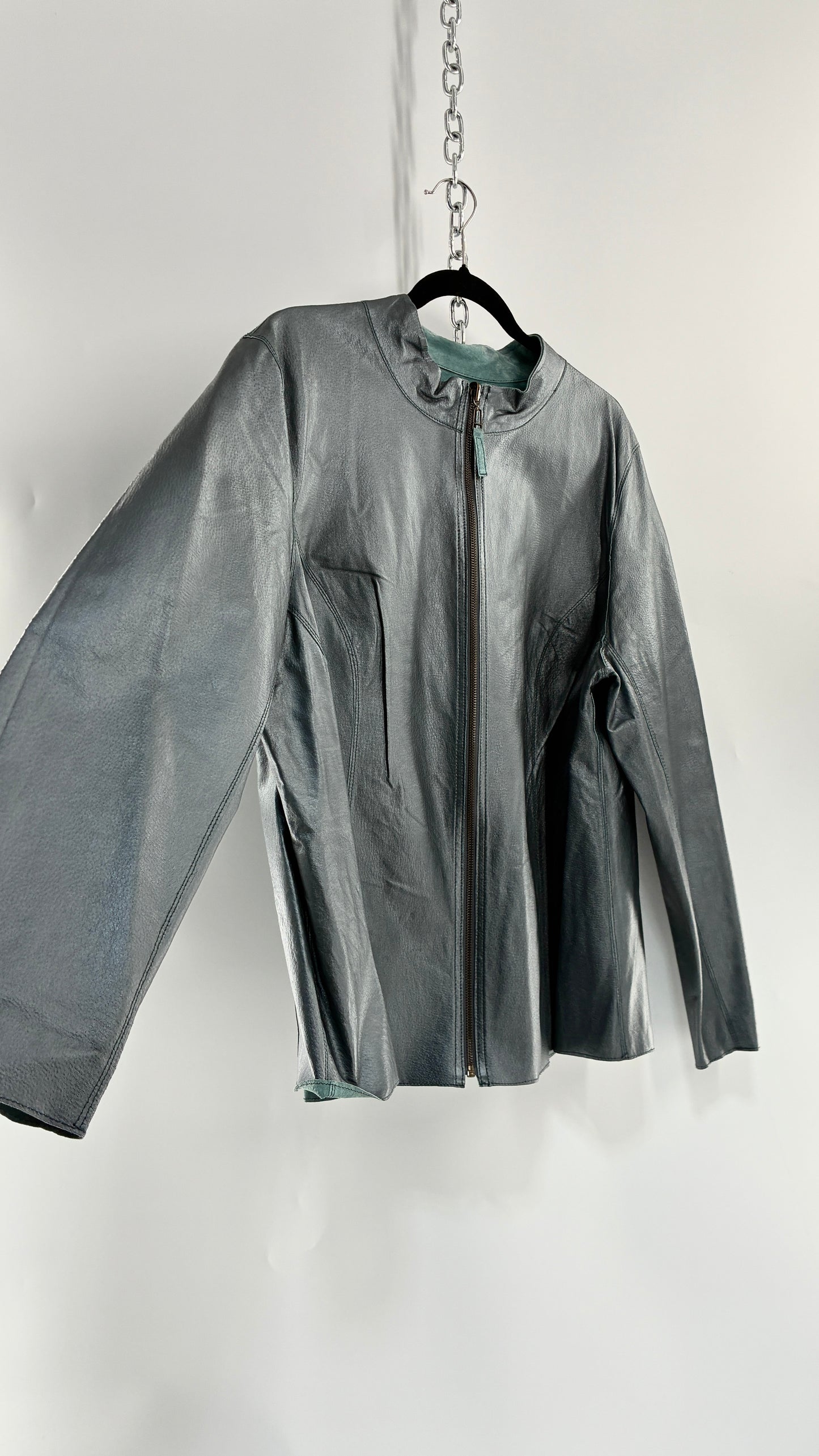 Vintage 1990s Metallic Blue Genuine Leather and Suede Reversible Thin, Zip Up Moto Jacket (XXL)