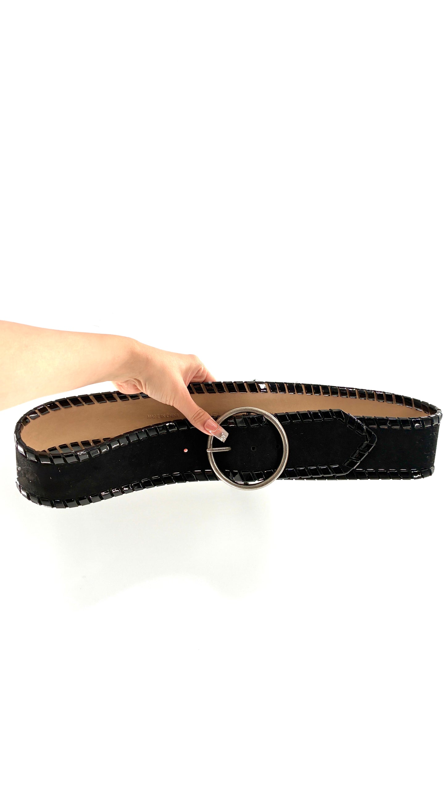 Vintage BUCKLE Black Genuine Suede Leather Wide Hip Belt with Oversized Silver Circle Buckle (XL)