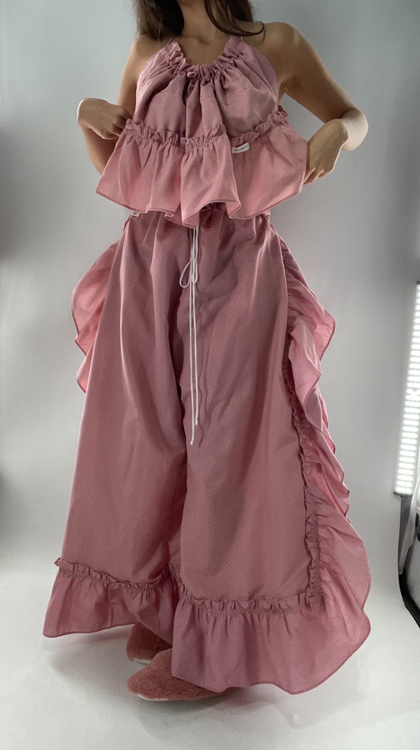 Vintage Handmade Maisie Pink 2pc Set with Ruffle Side/Ruffle Bum and Adjustable Waist Line and Blouse (One Size)