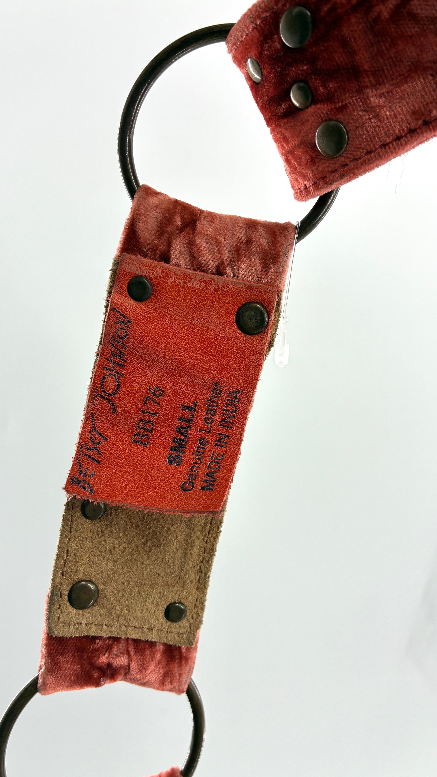 Vintage BETSEY JOHNSON Crushed Velvet Salmon Belt with Gold Appliqué and Metal Studs (Small)