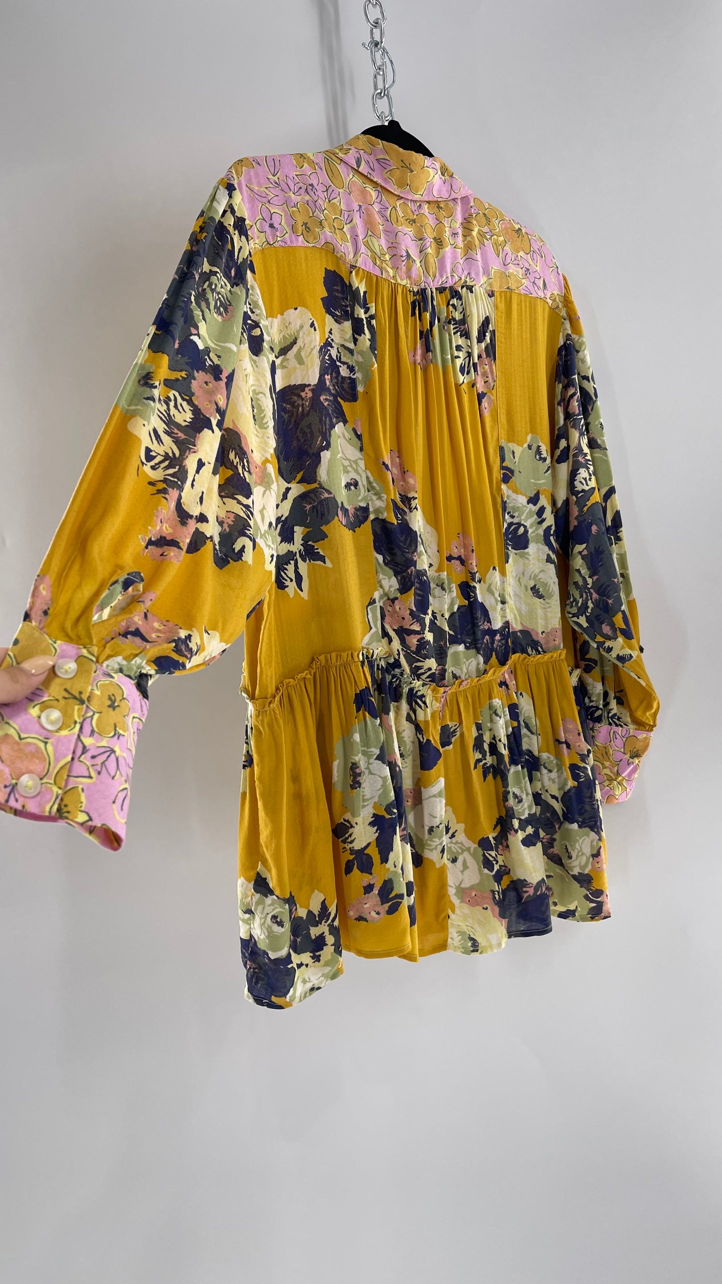 Free People Oversized Button Up Contrast Pattern Yellow Floral Blouse (XS)