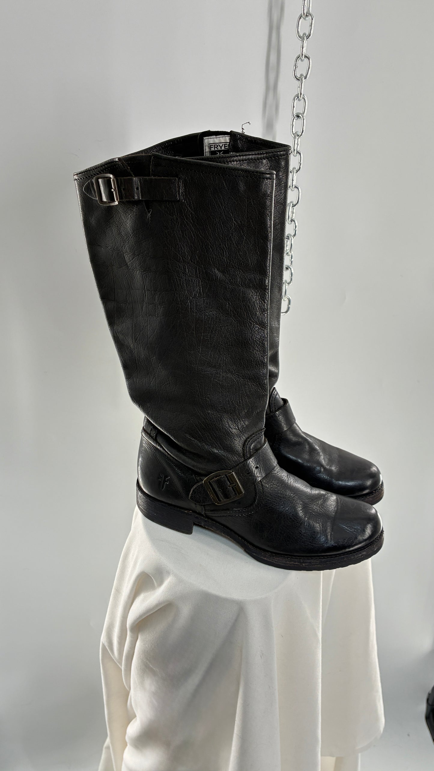 Vintage FRYE Veronica Tumble Shiny Black Leather Slouch Boot (8)
