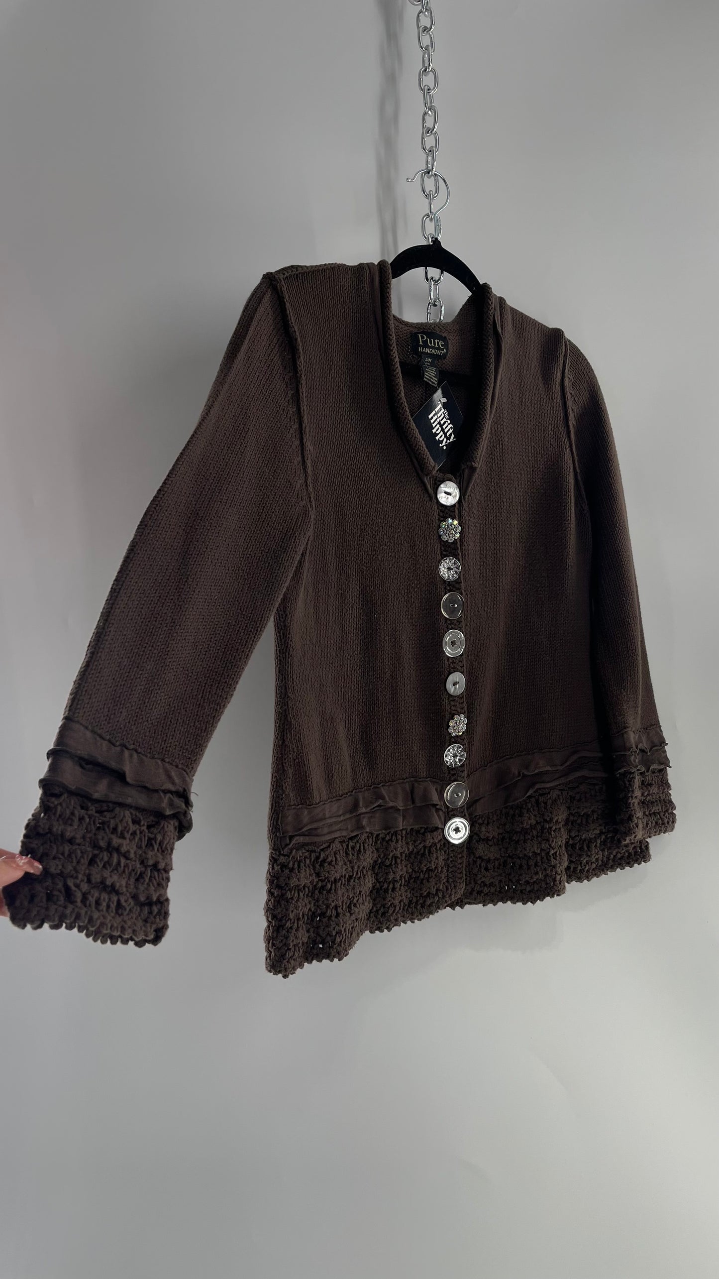 Vintage Pure Handknit Ruffle Hem Brown Cardigan with Button Front (S/M)